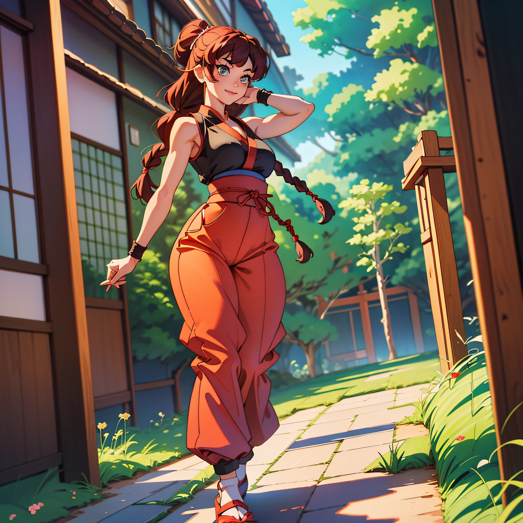 ranma saotome, ranma ½ anime, 1woman, red sleeveless kung fu wushu suit with embroidered dragon, black kung fu long pants, black kung fu shoes from the 80s, voluminous red hair with a small braid, beatiful face, perfect face, beatiful eyes, big beautiful eyes, intense black eyes, beatiful smile, beatiful body, perfect body, big boobs, beatiful curves, beatiful legs, perfect legs, centered, medium body, (((a beautiful place in japan behind her))), volumetric lighting”, “best quality”, “masterpiece, highres, detail enhancement, anime key visual, anime art, anime, masterpiece, best quality, hdr, uhd, depth of field, wide angle, full body shot, finely detailed beautiful face and eyes, 8k, dark intense shadows