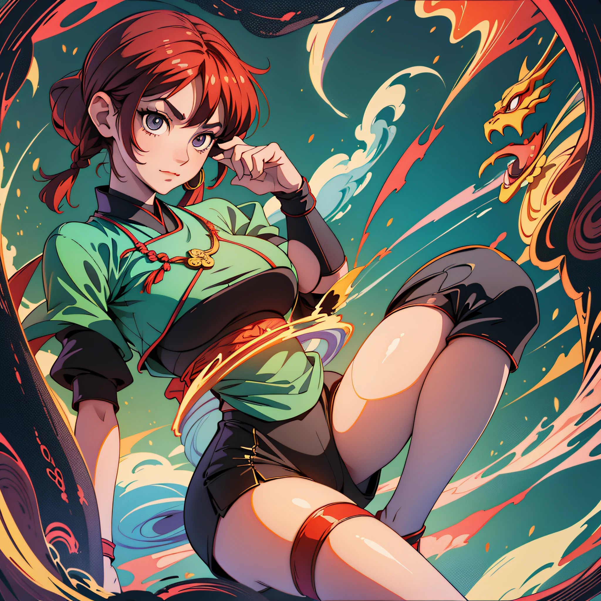 ranma saotome, ranma ½ anime, 1woman, red sleeveless kung fu wushu suit with embroidered dragon, black kung fu long pants, black kung fu shoes from the 80s, voluminous red hair with a small braid, beatiful face, perfect face, beatiful eyes, big beautiful eyes, intense black eyes, beatiful smile, beatiful body, perfect body, big boobs, beatiful curves, beatiful legs, perfect legs, centered, medium body, (((a beautiful place in japan behind her))), volumetric lighting”, “best quality”, “masterpiece, highres, detail enhancement, anime key visual, anime art, anime, masterpiece, best quality, hdr, uhd, depth of field, wide angle, full body shot, finely detailed beautiful face and eyes, 8k, dark intense shadows