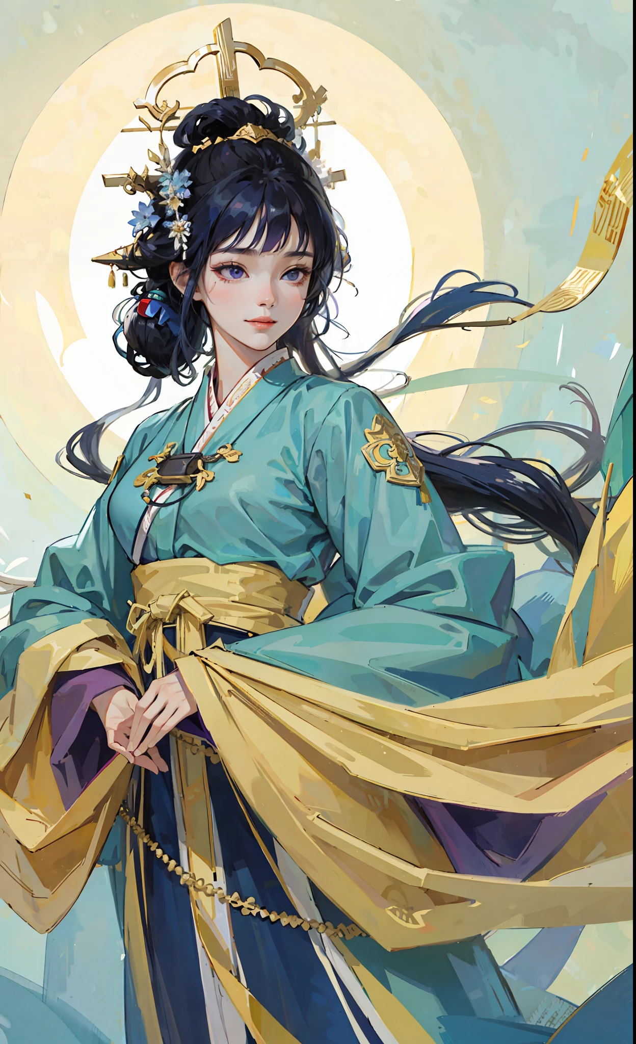 A girl, ancient Chinese costume, whole body, sunshine, clear face, clean white background, masterpiece, super detail, epic composition, ultra HD, high quality, extremely detailed, official art, uniform 8k wallpaper, super detail, 32k, ((blunt bangs)), extremely detailed character, detailed lips,  ((dark blue hair)),  hinata/(boruto/),  smile,  ((long hair)), big purple eyes