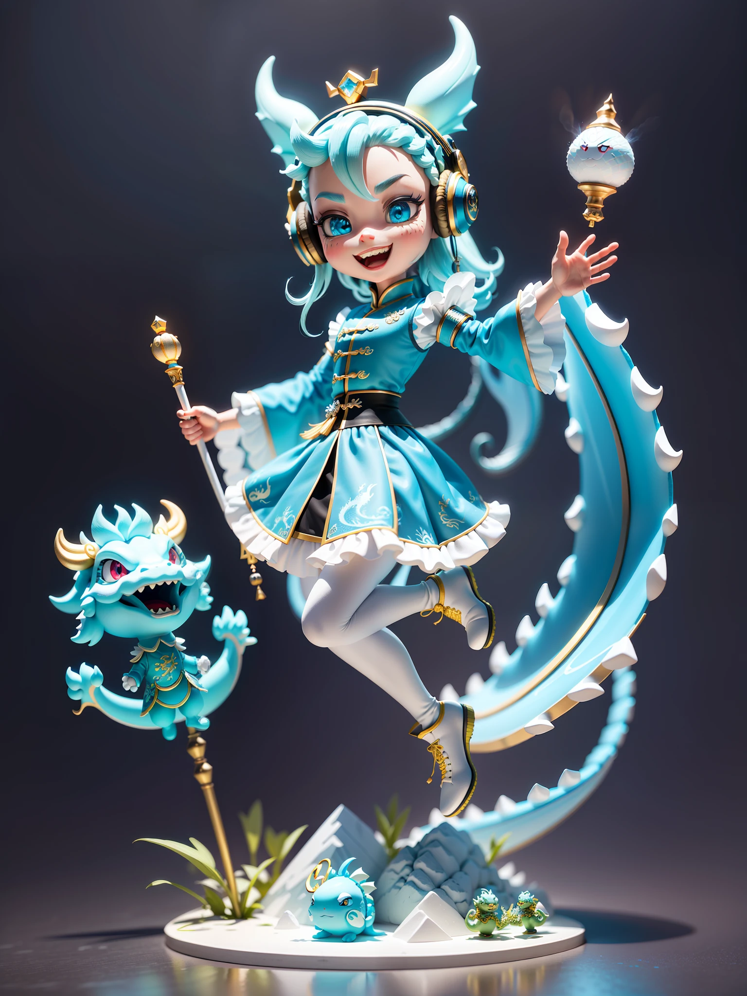 (Masterpiece), (Excellent), (Ultra Detailed), (Full Body: 1.2), (Solitary), Cyan Theme, Chinese Dragon Magician, Exquisite Chinese Dragon Head Head, Dragon Horn, Dragon Whisker, Cute, Open Mouth, Smile, Headphones, Dragon Scales, Staff, Popmart Blind Box, Clay Texture, Stepping on Earth, Black and White Background, Natural Light, Best Quality, Ultra Detail, 3D Art, C4D, OC Renderer, 3D Rendering, 8K