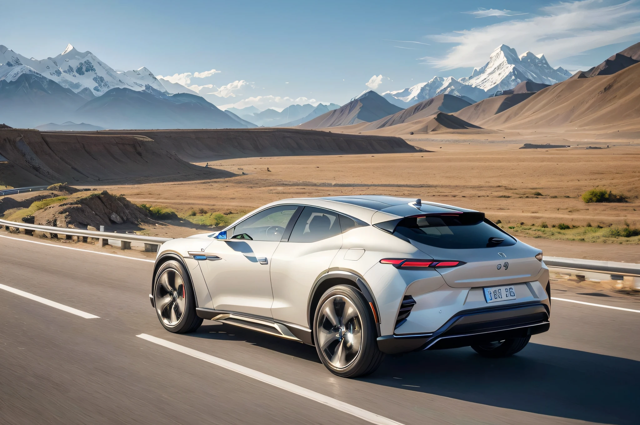 ray tracing, UHD, high quality, high detail, best quality, high resolution, 8k, a cool SUV, surrealism, electric car concept elements, noon, Tibetan plateau, motion blur, ultra wide angle, Eye-Level Shot.