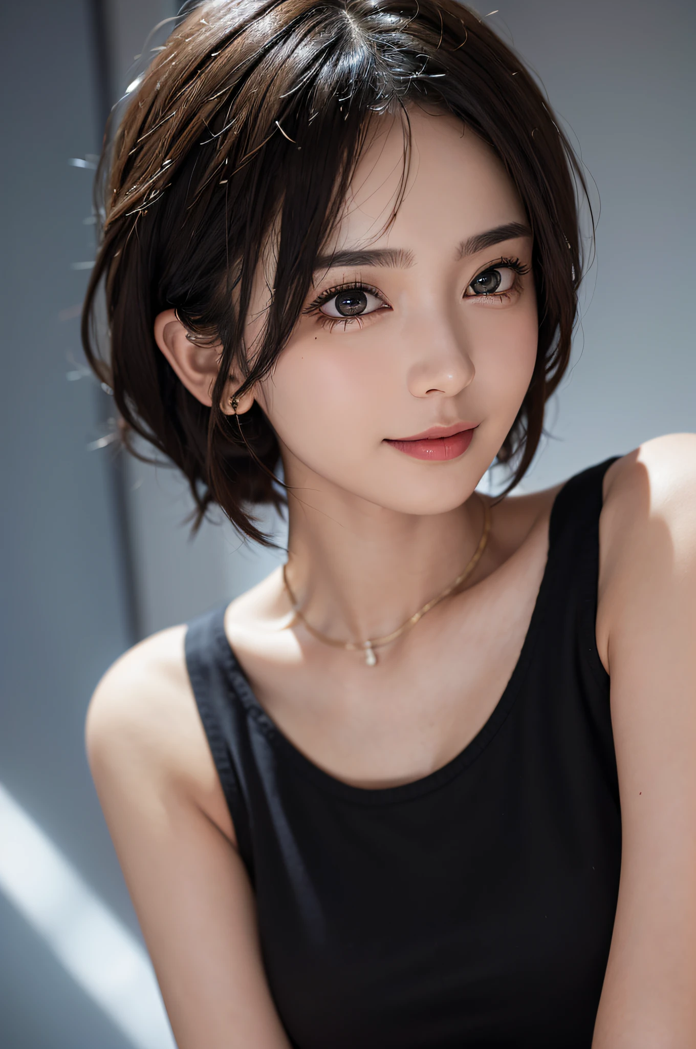 (masterpiece:1.3), (8k, photorealistic, RAW photo, best quality: 1.4), (1girl), beautiful face, (realistic face), (black hair, short hair:1.3), beautiful hairstyle, realistic eyes, beautiful detailed eyes, (realistic skin), beautiful skin, (sweater), Ridiculous, attractive, ultra-high resolution, ultra-realistic, very detailed, golden ratio, spell (Prompt): high detail, 8k resolution, super high resolution, a young girl, cute girl, shoulder-length short hair, color clear eyes, smooth hair, collarbone, exquisite and perfect facial features, the most beautiful big eyes, long eyelashes, sweet eyes with lying silkworms, smile, dynamic angle, ultimate picture quality, the highest precision, precise and perfect human body structure, (sportswear), sports vest, basketball, Sports hot shorts, dynamic angle, doppelganger lens, gym