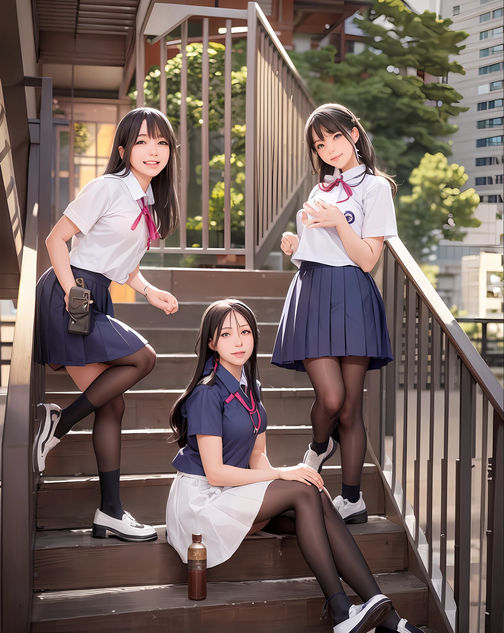 three girls in school uniforms posing on a flight of stairs, japanese school uniform, seifuku, wearing japanese school uniform, wearing school uniform, japanese girl school uniform, jk uniform, wearing a school uniform, high school girls, school uniform, magic school uniform, magical school student uniform, japanese high school, two japanese schoolgirls posing, kantai collection style, promo still