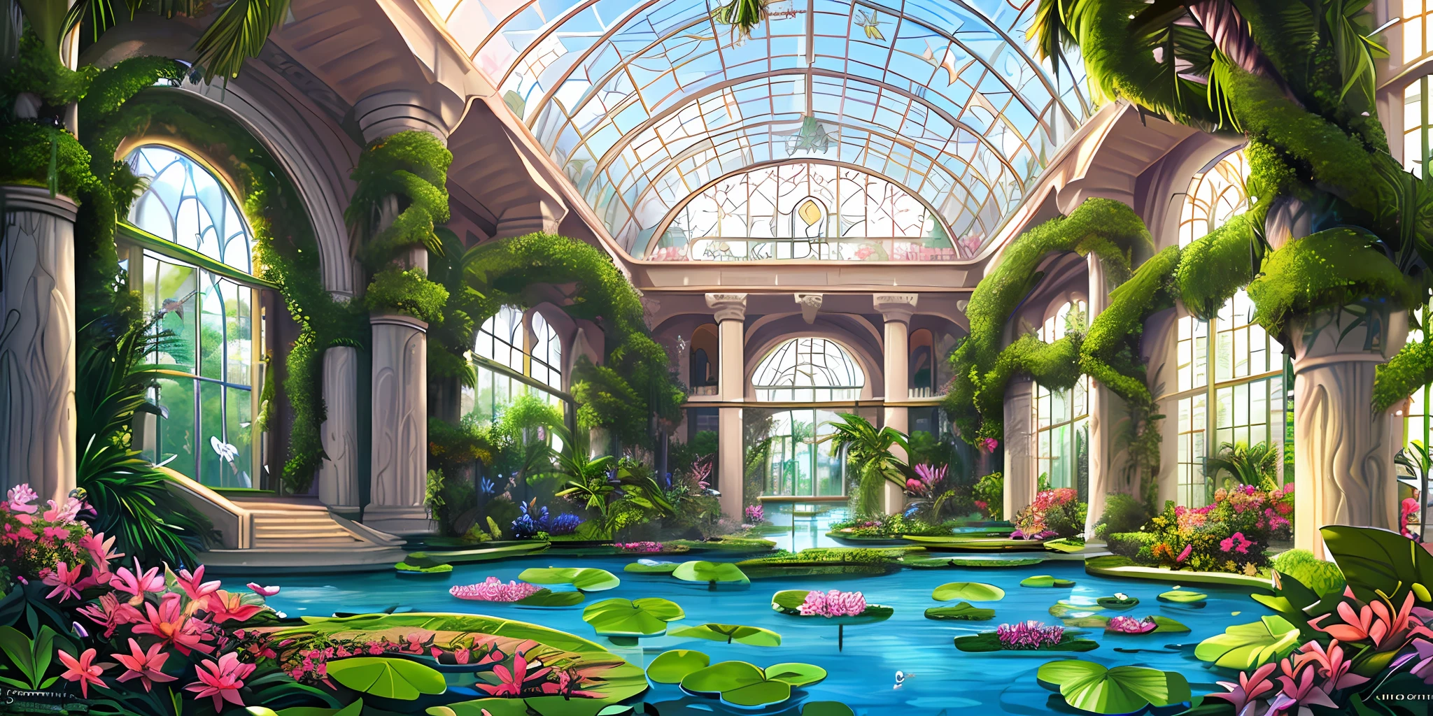 Gigantic greenhouse, round flowerbeds, cocoa tree, few flowers, tropical plants, pond with water lilies, orchids, bromeliads, palm trees, vines, large ornate windows, marble walls and pillars, 8K, dynamic lighting, ultra detailed, masterpiece.