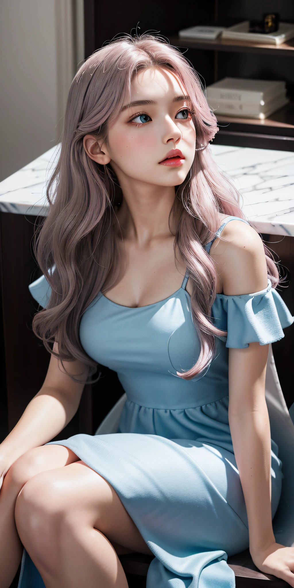 Excellent, masterpiece, gray pink mopping wavy long hair, golden eyes, blue dress, looking up, sitting on a chair, hair, fair skin,