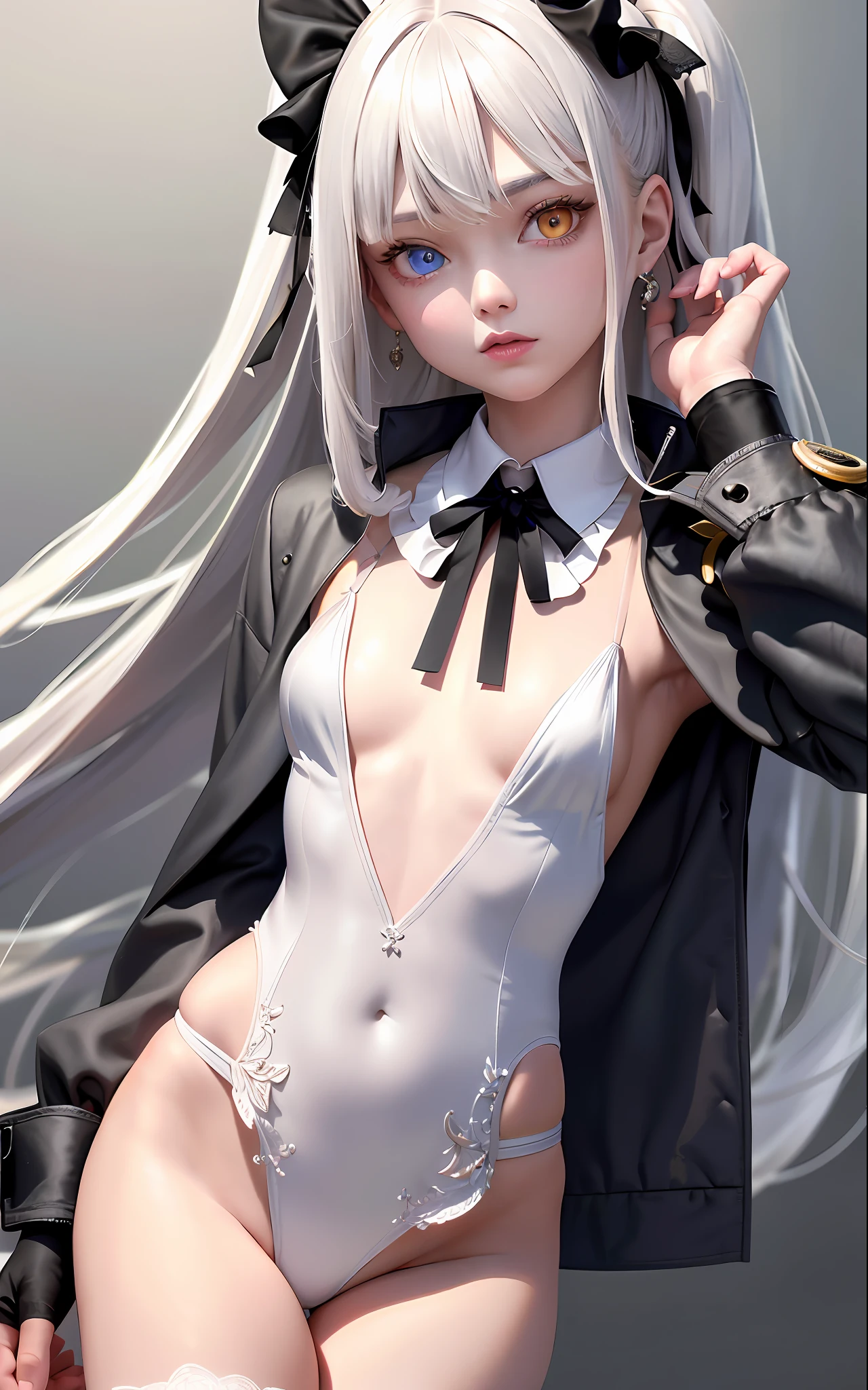 Superb Quality, Masterpiece, High Resolution, Best Quality, UHD, Super Detail, Award-Awarded, 16k, (Upper Body), A Beautiful Maiden, Gray Hair, Hair, ((Heterochromia)), Hanging Eyes, Fair Skin, (Small Breasts), (Slim Body), ((Uniform with Short Jacket)), (Ribbon Collar), (Short Gloves as Short as Half a Palm)