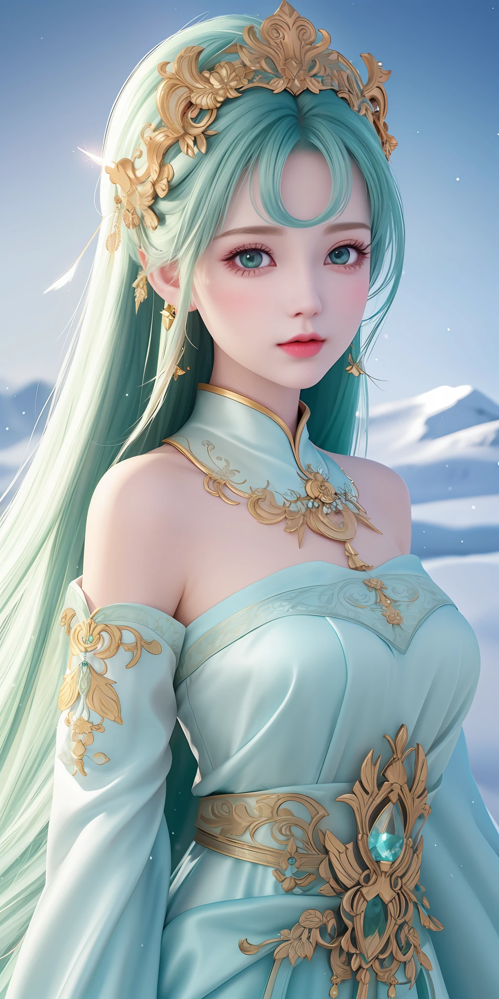 vintage style fantasy, masterpiece, magnificent art, best quality, 1girl, close-up girl nordic princess, Scandinavian mountains, winter weather, symmetrical and hyper detailed face, silky skin like peach silk, vibrant and aggressive green eyes, white and messy hair up to the waist, sculptural body, (sparks: 0.7), Adobe Illustration, Trand on Artstation, 8K, hd, UHD, cold and soft lighting,  --q 500 --s 100, -