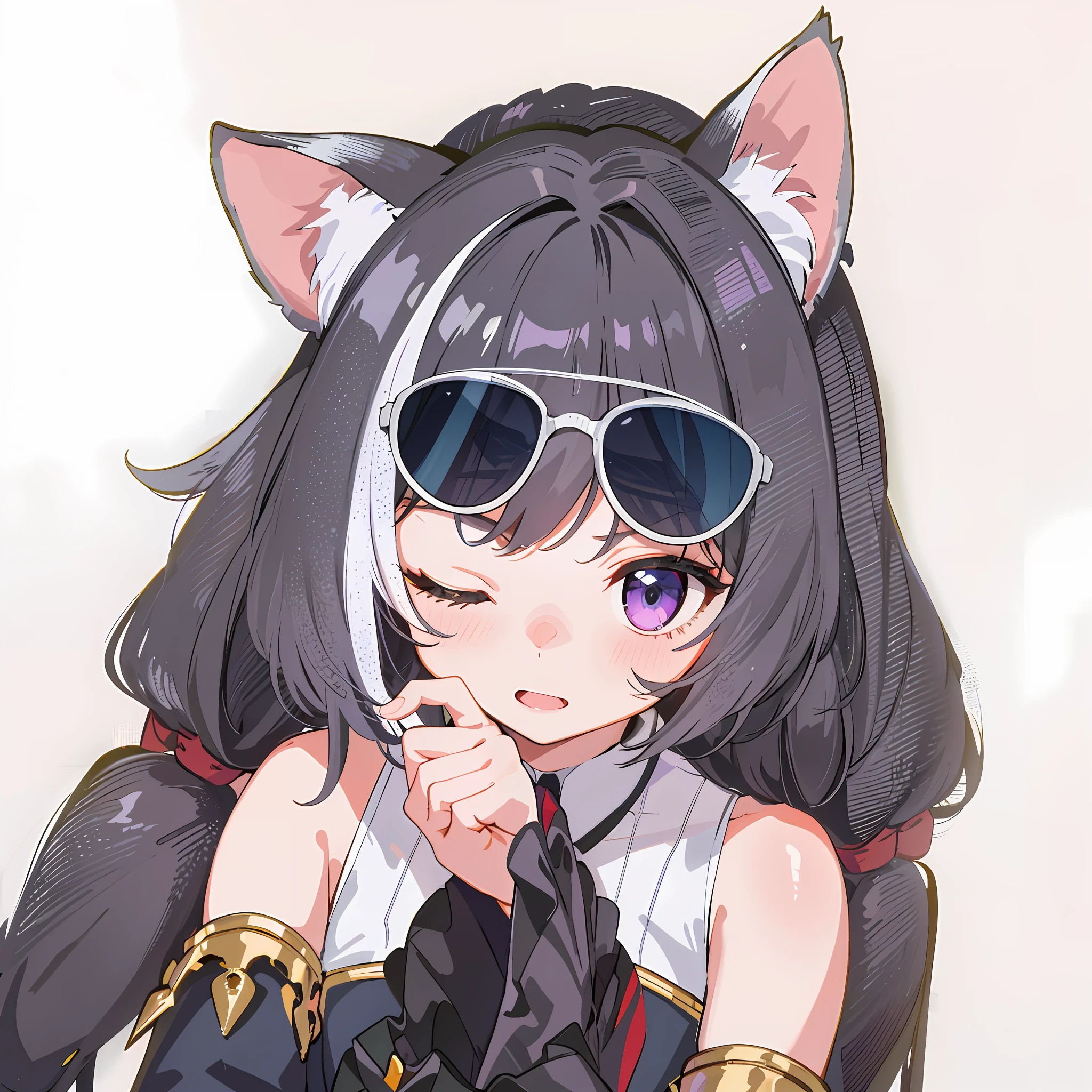 masterpiece, best quality, ultra-detailed, 1girl, karyl, animal ears, animal ear fluff, black hair black thighhighs, blue sleeves, bow, detached sleeves, frilled skirt, frills, garter straps, hair bow, long sleeves, low twintails, purple skirt, red bow, sleeveless shirt, white shirt, wide sleeves, sunglasses