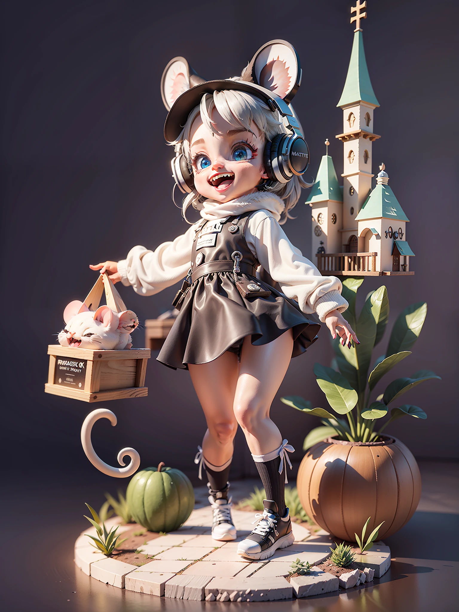 (Masterpiece), (Excellent), (Ultra Detailed), (Full Body: 1.2), (Solitary), Gray Theme, Rat Magician, Cute, Open Mouth, Smile, Headphones, Rat Fur Texture, Popmart Blind Box, Clay Texture, Stepping on the Earth, Black and White Background, Natural Light, Best Quality, Ultra Detail, 3D Art, C4D, OC Renderer, 3D Rendering, 8K