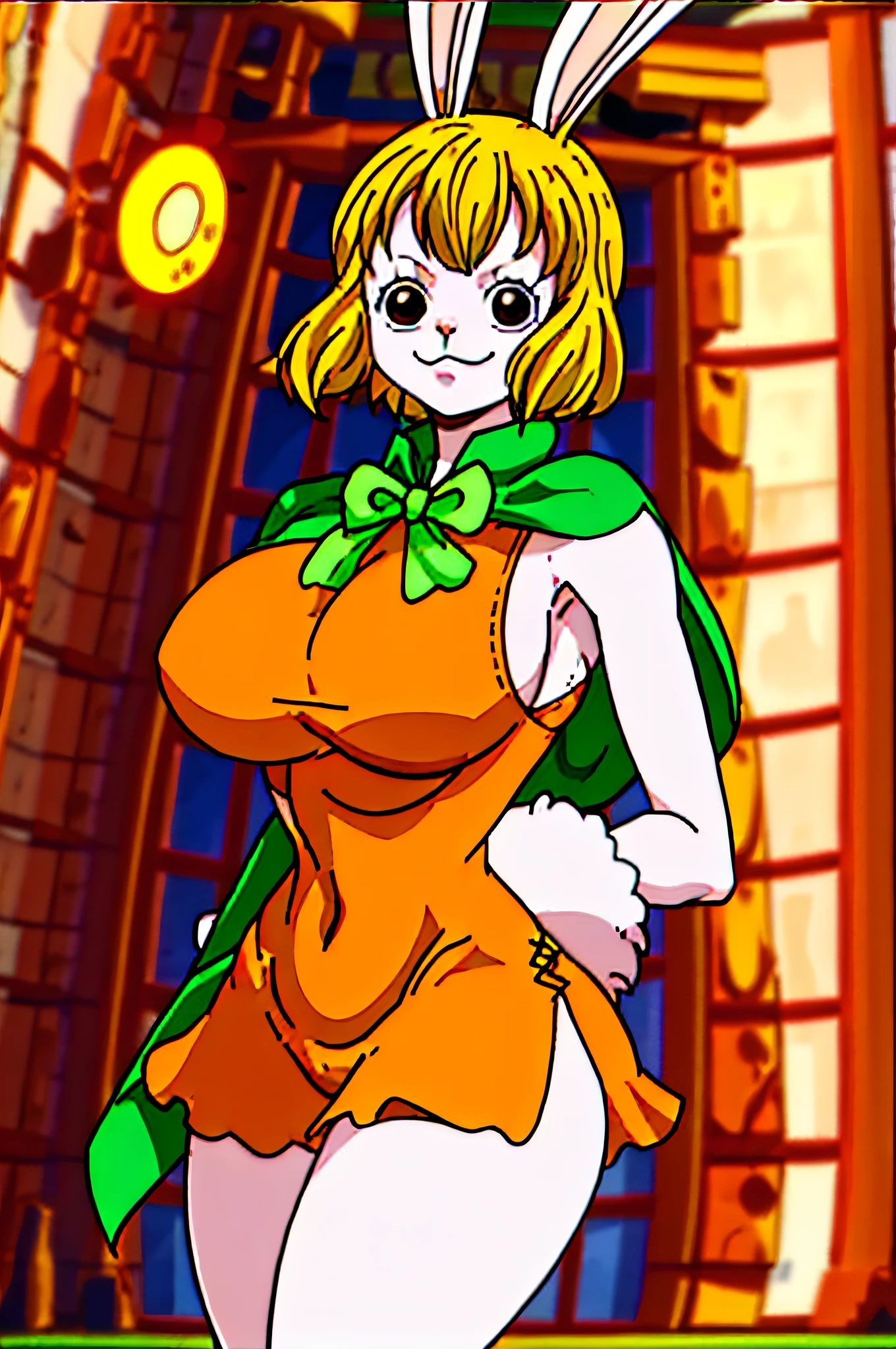 carrot_\(one_piece\), white_skin, 1girl, rabbit_girl, solo, standing, (huge massive breasts), (sideless_outfit:1.3), (sideboob), (bikini top), orange_dress, short_dress, cleavage, cape, gloves, bare_legs,
embarrassed, smile, brown_eyes, yellow_hair, short_hair, rabbit_tail, rabbit_ears, green_bowtie,
forest,