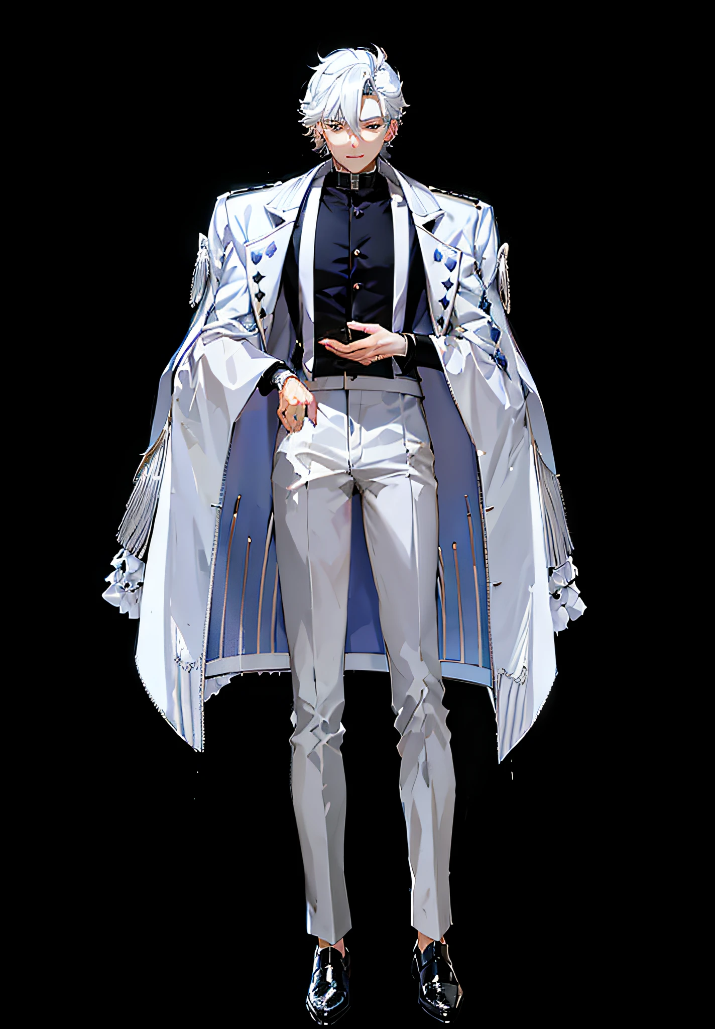 anime - style image of a man in a silver suit and black shirt, in a flowing white tailcoat, ((wearing aristocrat robe)), tall anime guy with blue eyes, single character full body, clear outfit design, !!full body portrait!!, silver eyes full body, full body single character, royal attire akira, style of masami kurumada