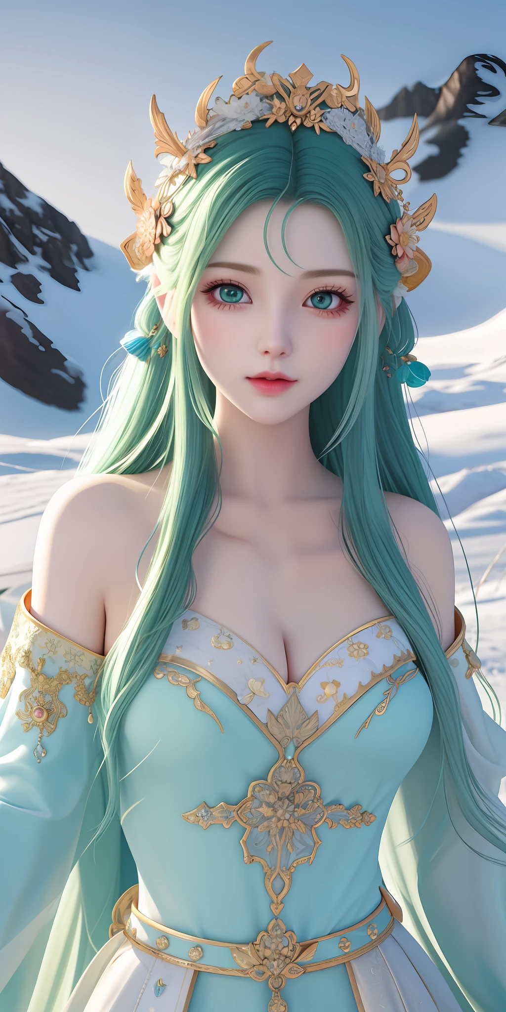 vintage style fantasy, masterpiece, magnificent art, best quality, 1girl, close-up girl nordic princess, Scandinavian mountains, winter weather, symmetrical and hyper detailed face, silky skin like peach silk, vibrant and aggressive green eyes, white and messy hair up to the waist, sculptural body, (sparks: 0.7), Adobe Illustration, Trand on Artstation, 8K, hd, UHD, cold and soft lighting,  --q 500 --s 100, -