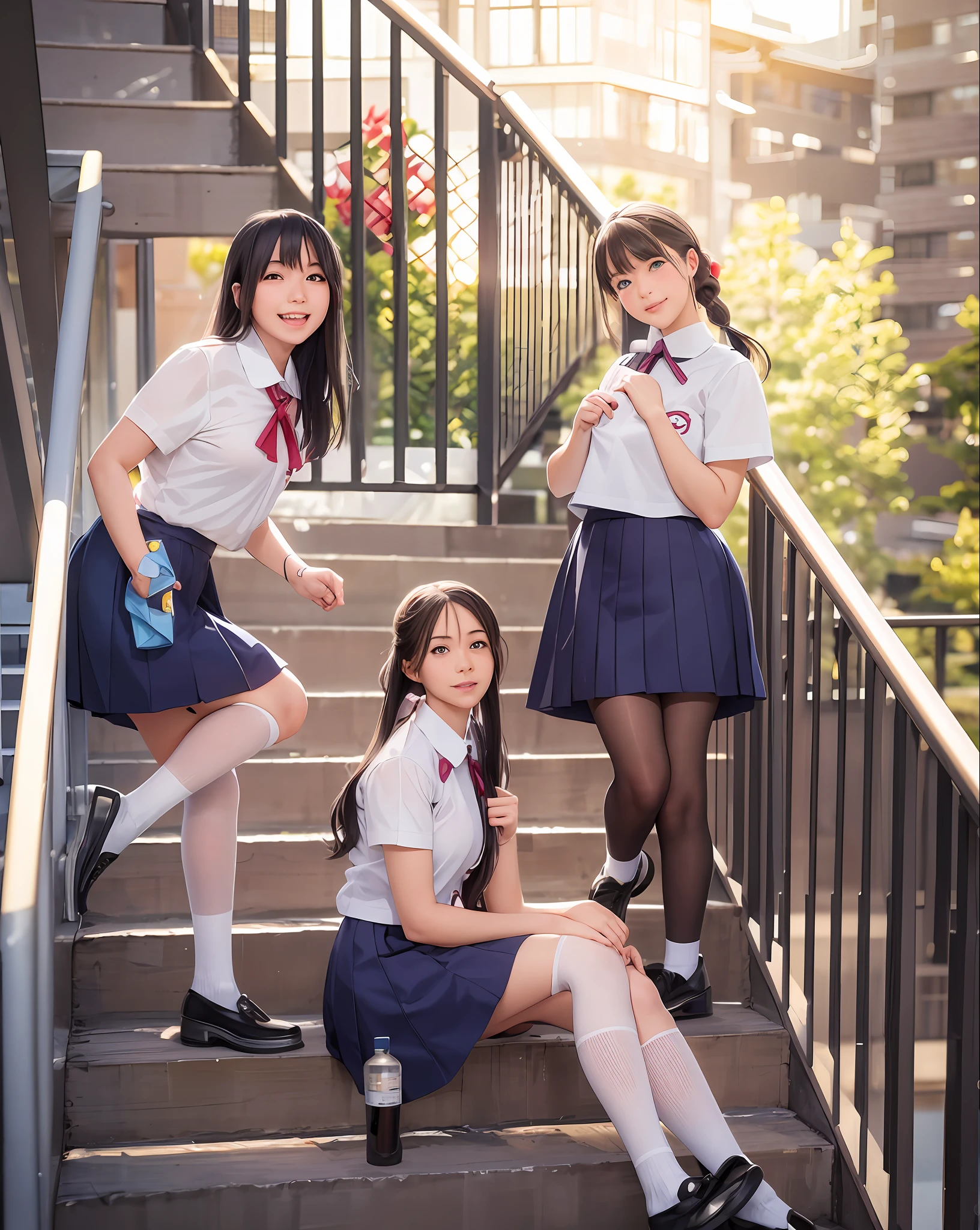 three girls in school uniforms posing on a flight of stairs, japanese school uniform, seifuku, wearing japanese school uniform, wearing school uniform, japanese girl school uniform, jk uniform, wearing a school uniform, high school girls, school uniform, magic school uniform, magical school student uniform, japanese high school, two japanese schoolgirls posing, kantai collection style, promo still