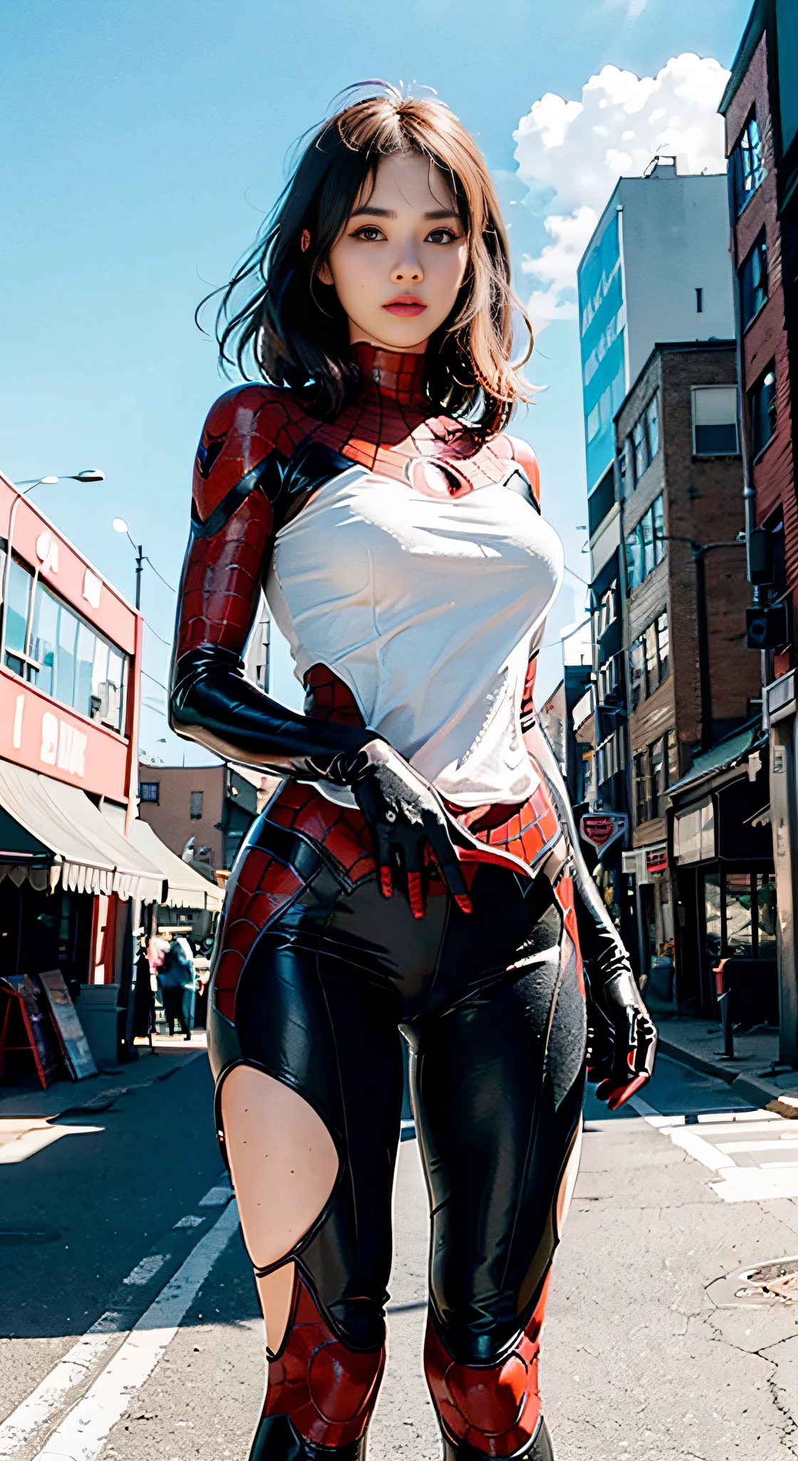 (1girl:1.3), solo, __body-parts__, official art, unified 8k wallpaper, super detailed, beautiful and aesthetic, beautiful, masterpiece, best quality, raw, masterpiece, super fine photo, best quality, super high resolution, photorealistic realism, sunlight, full body portrait, amazing beauty,, dynamic pose, delicate face, vibrant eyes, (from the front), she is wearing a Spider-man suit, red and black color scheme, spider, very detailed abandoned warehouse background, Detailed face, detailed complex busy background, messy, gorgeous, milky white, highly detailed skin, realistic skin details, visible pores, sharp focus, volumetric fog, 8k uhd, DSLR, high quality, film grain, fair skin, photo realism, lomography, huge metropolis in future dystopia, seen from below, translucent