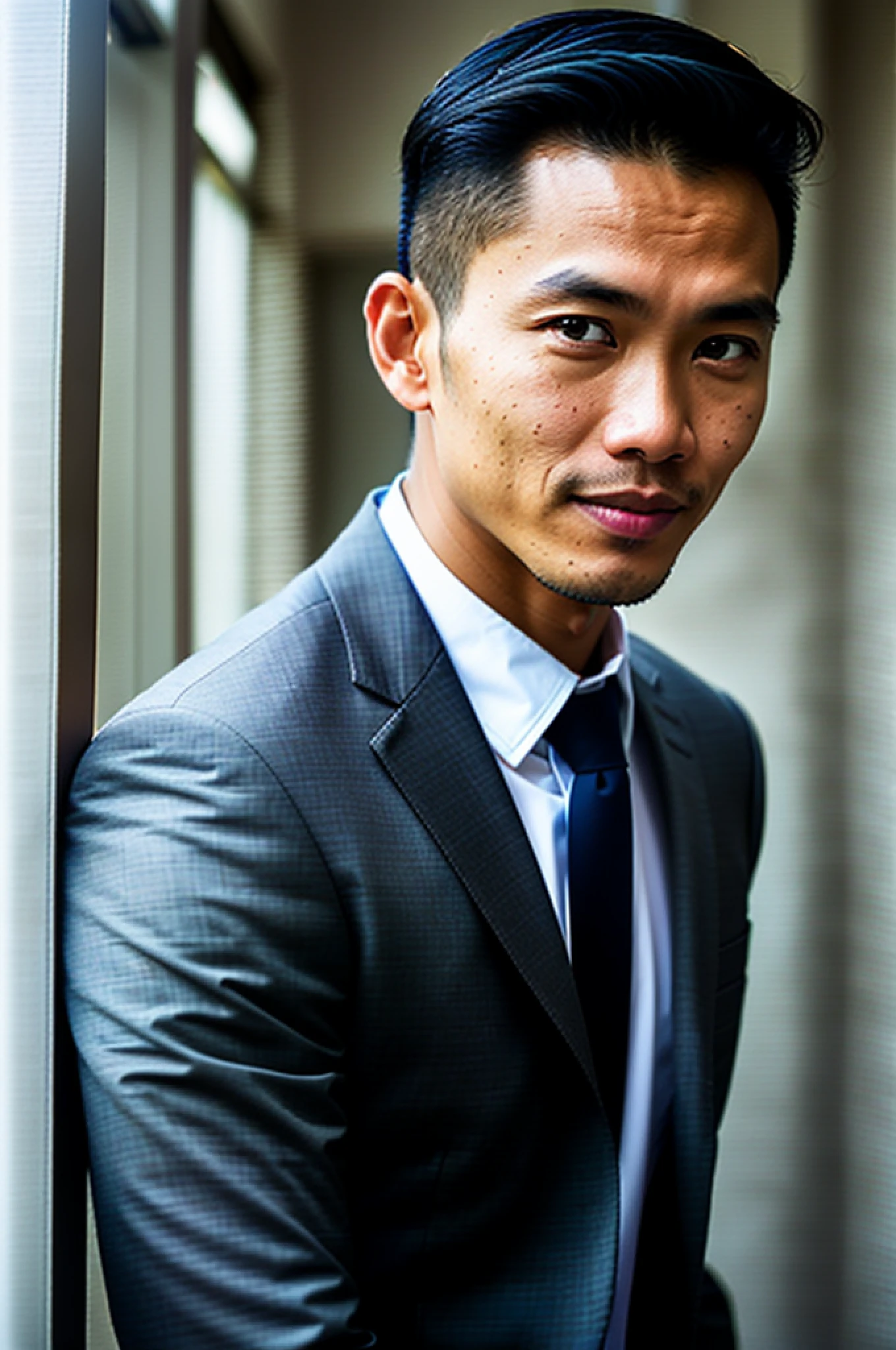 world press photo winner, (award-winning photography:1.3), (modern indonesian man wearing police suit, handsome face, young man, indonesian skin tone, typical Indonesian male features:1.4), (8k, RAW photo, best quality:1.3), (realistic, photo-realistic, modest clothes:1.1), inspiring, Portait of a (handsome typical modern indonesian men indoors:1.5), analog style (look at viewer:1.2) (skin texture) (film grain:1.3), (warm hue, warm tone:1.2), close up, cinematic light, sidelighting, ultra high res, best shadow, RAW, wearing teacher uniform, Microgeometry, skin elasticity, light scattering through hair, ambient occlusion, multi-layer skin shading, facial muscle simulation, iris and pupil rendering, advanced color grading, laughing, medium shot, dynamic poses, crossing hands, navy tie