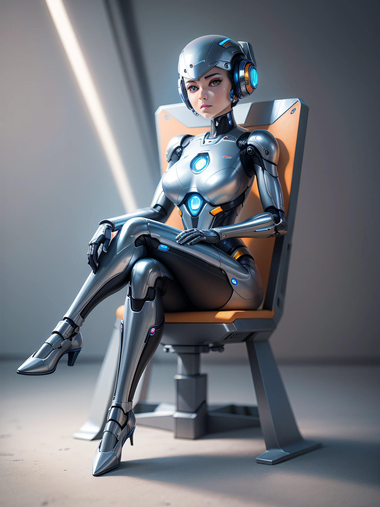 masterpiece, best quality, a thinking robot woman sitting on a chair with a futuristic background