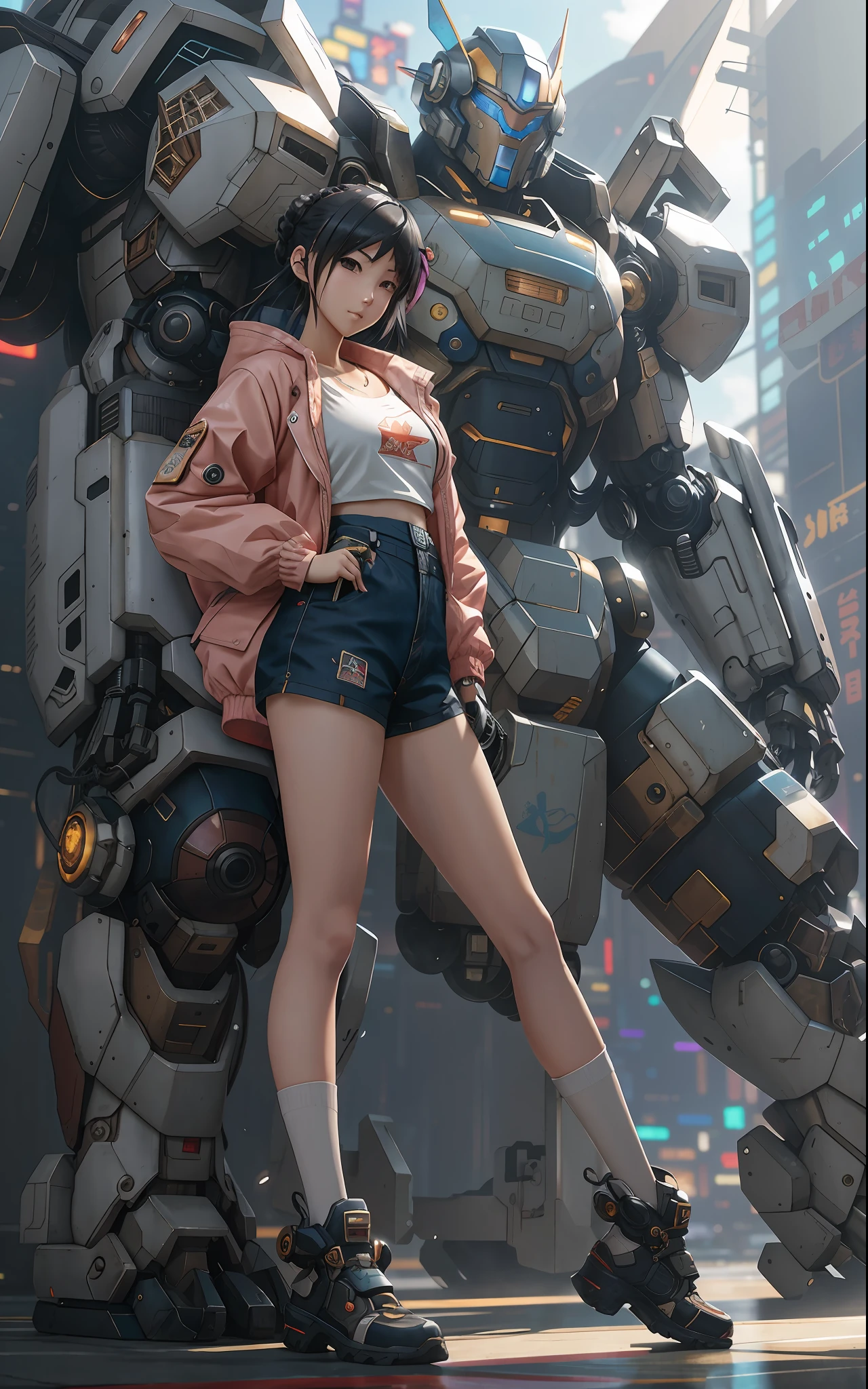 anime girl in short shorts and jacket standing next to giant robot, artwork in the style of guweiz, cyberpunk anime girl mech, trending on cgstation, guweiz, by Russell Dongjun Lu, digital cyberpunk anime art, guweiz on artstation pixiv, ross tran 8 k, girl in mecha cyber armor