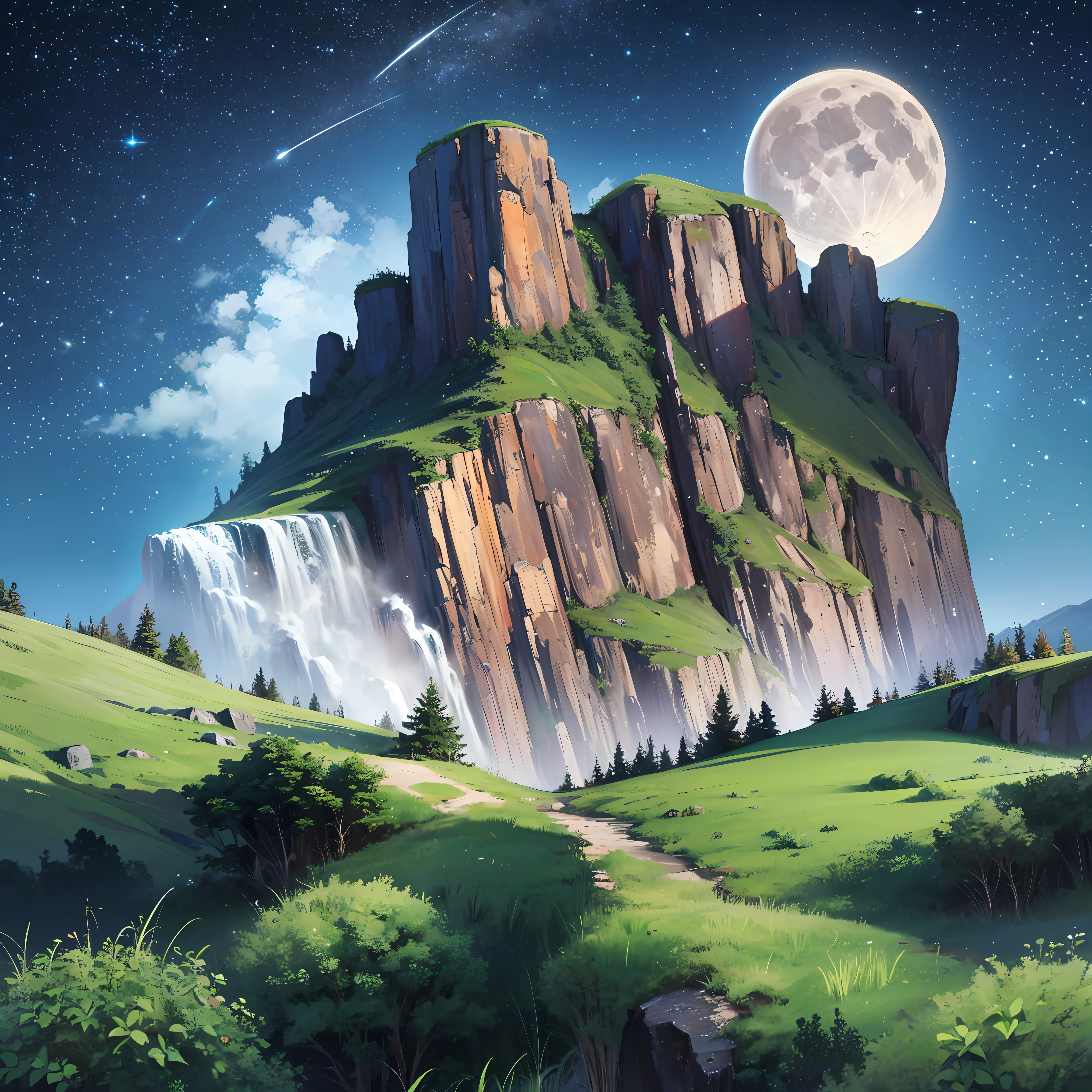 Create a mountain with small tree trunks and stone, and a night of starry sky and a full moon. Image should be realistic, cinematography in 8k --auto --s2