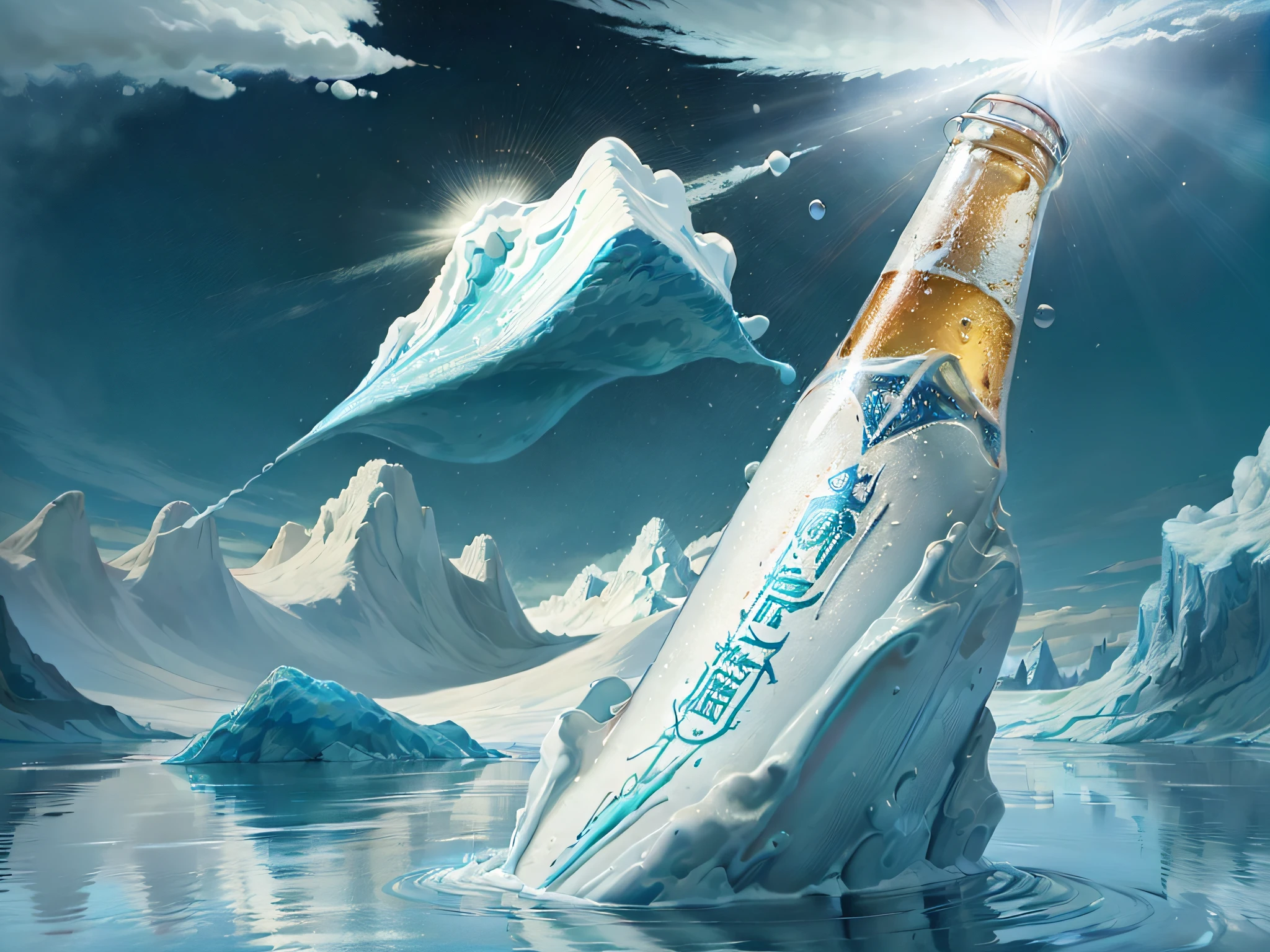 Beer bottle in foreground, bottle mouth splashing liquor, iceberg background, blue sky, a few white clouds