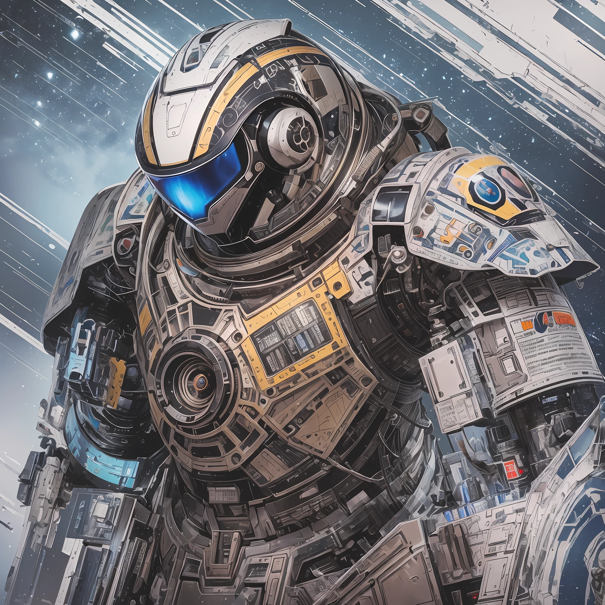 Two-color sci-fi space robot, detailed hand-drawn sketches, rich details, line drawings, mecha, precise painting, multi-layered textures --AR 9:18 --niji 5 --q 2 --s 750 --v 5 --auto --s2
