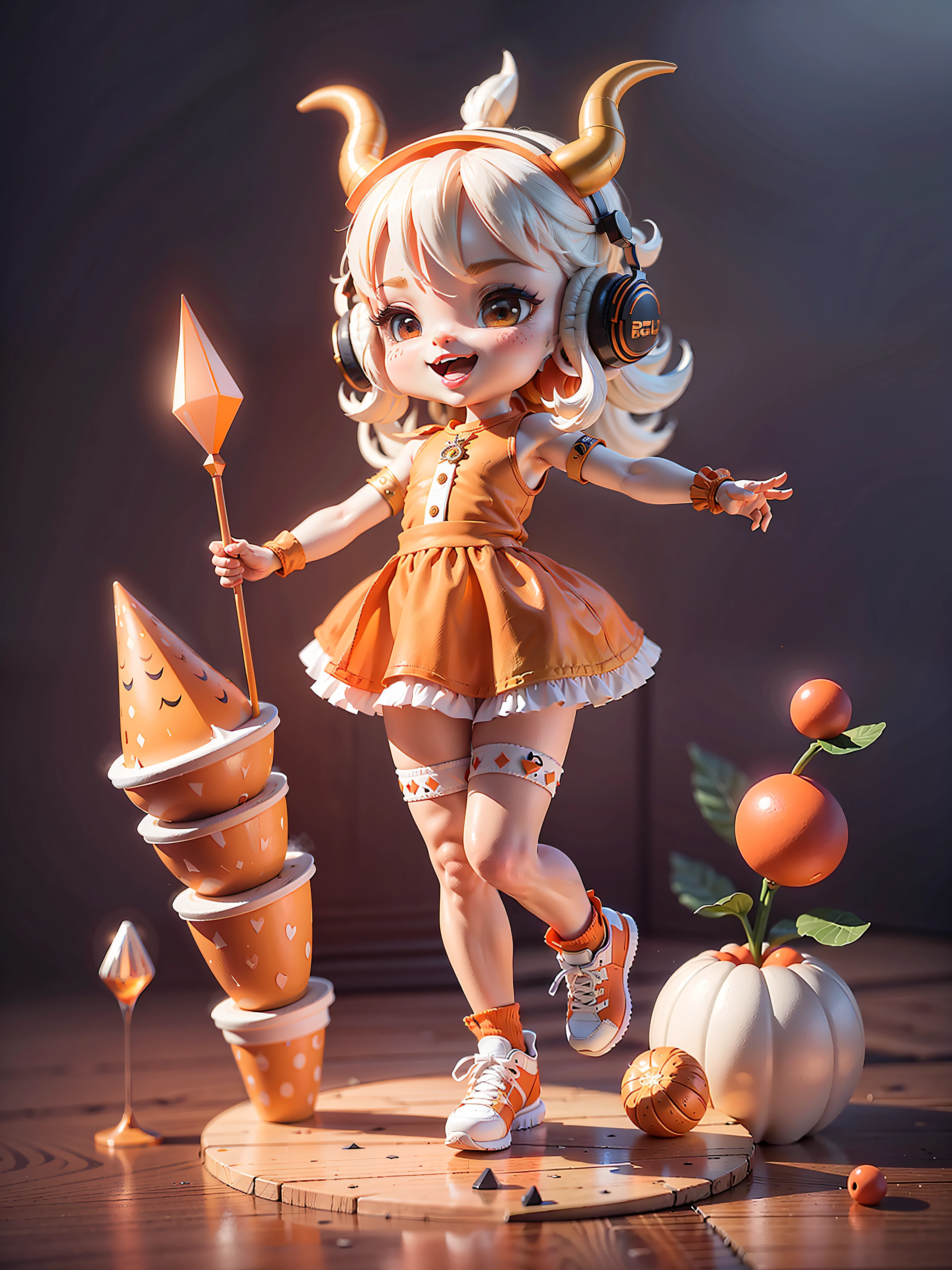 (Masterpiece), (Excellent), (Ultra Detailed), (Full Body: 1.2), (Solitary), Orange Theme, Bull Magician, Cute, Open Mouth, Smile, Headphones, Horns, Popmart Blind Box, Clay Texture, Stepping on Earth, Black and White Background, Natural Light, Best Quality, Ultra Detail, 3D Art, C4D, OC Renderer, 3D Rendering, 8K