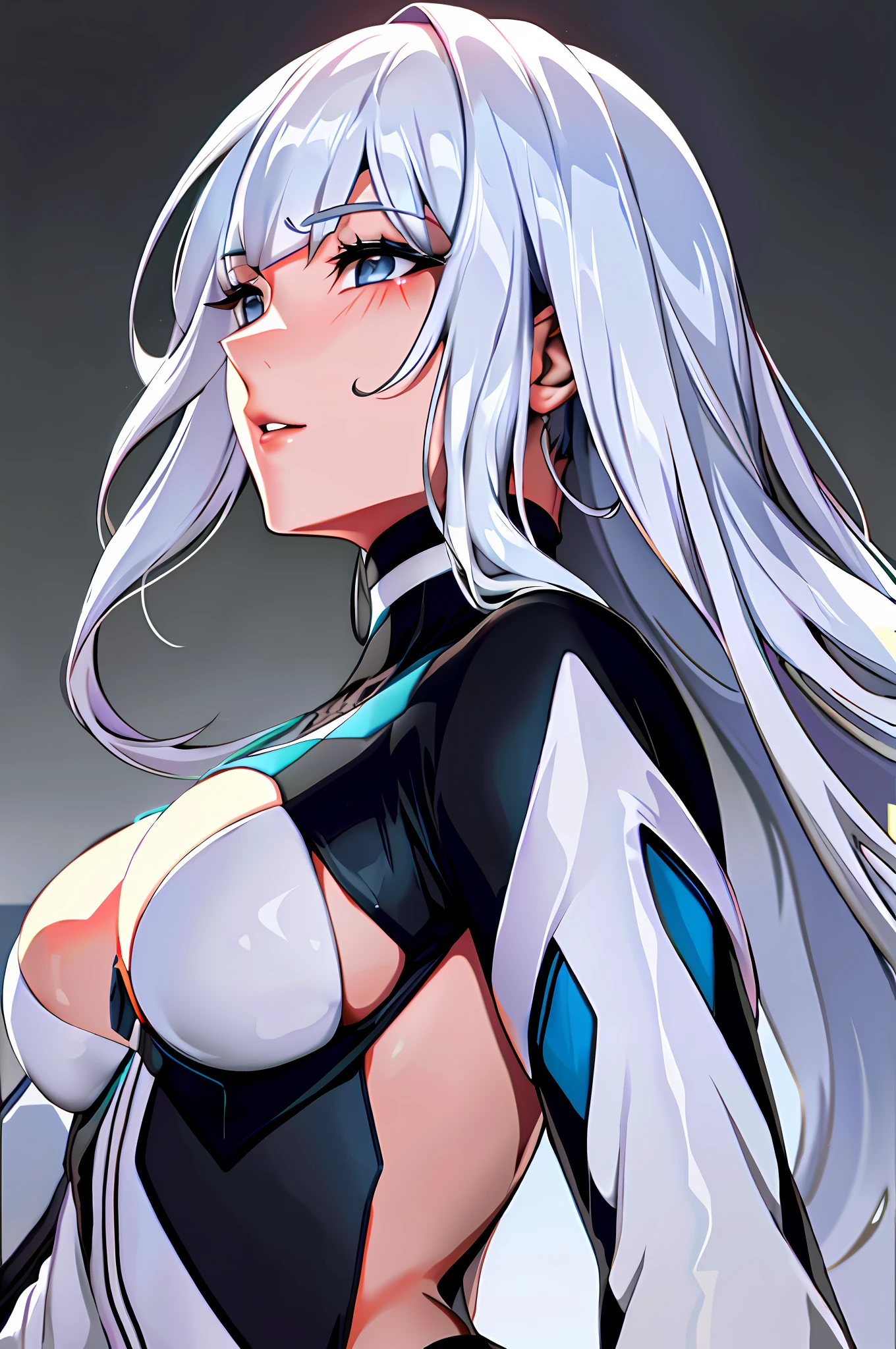 ((Top Quality)), ((Masterpiece)), (Details: 1. 4), 3D, image of a woman in a beautiful black turtleneck, HDR (High Dynamic Range), ray tracing, NVIDIA RTX, super resolution, Unreal 5, sub-surface scattering, PBR textures, post-processing, anisotropic filter Rings, depth of field, very clear and sharp images, multi-layer textures, albedo and specular maps, surface shading, accurate simulation of light-matter interaction, perfect proportions, octane rendering, two-tone lighting, two-tone effects Two-tone lighting, wide aperture, low ISO, white balance, tri-section, low ISO, White Balance, Tri-Section, 8K RAW, Long Eyelashes, 1 Girl, Cute, Young, Adult Face, Japanese Woman, (bangs, silver hair, white hair_between_eyes, medium hair: 1. 2) Realistic Face, Realistic Body, (Master's) Realistic Face, (Master's) Realistic Body, (Master's) realistic body, (Master's) realistic body, (Zentangle: 1. 2), negative space, Tyndall effect, bright background, (white background: 1. 5), (full body), glowing skin, glowing hair, vivid color, absurd, high-res, super detailed, landscape Color, Absurd, Hi-Res, Ultra-Detailed,