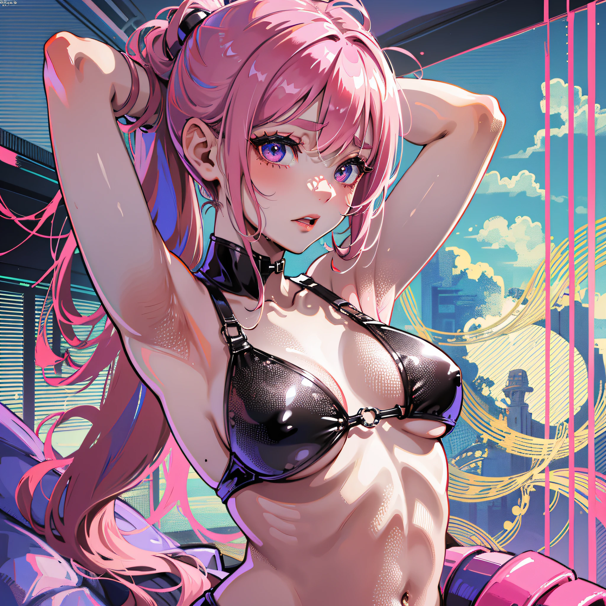 realistic, 1girl, pink hair, eyes scurrilous, bikini, arms up, armpit, latex, detailed image, proportional body, small breasts, highres, (red and swollen eyes, furrowed eyebrows, red nose, wet cheeks, mouth between open), 4k, 8k, anime, face set, soft lighting, eyes with eyeliner, make up, in the bedroom,