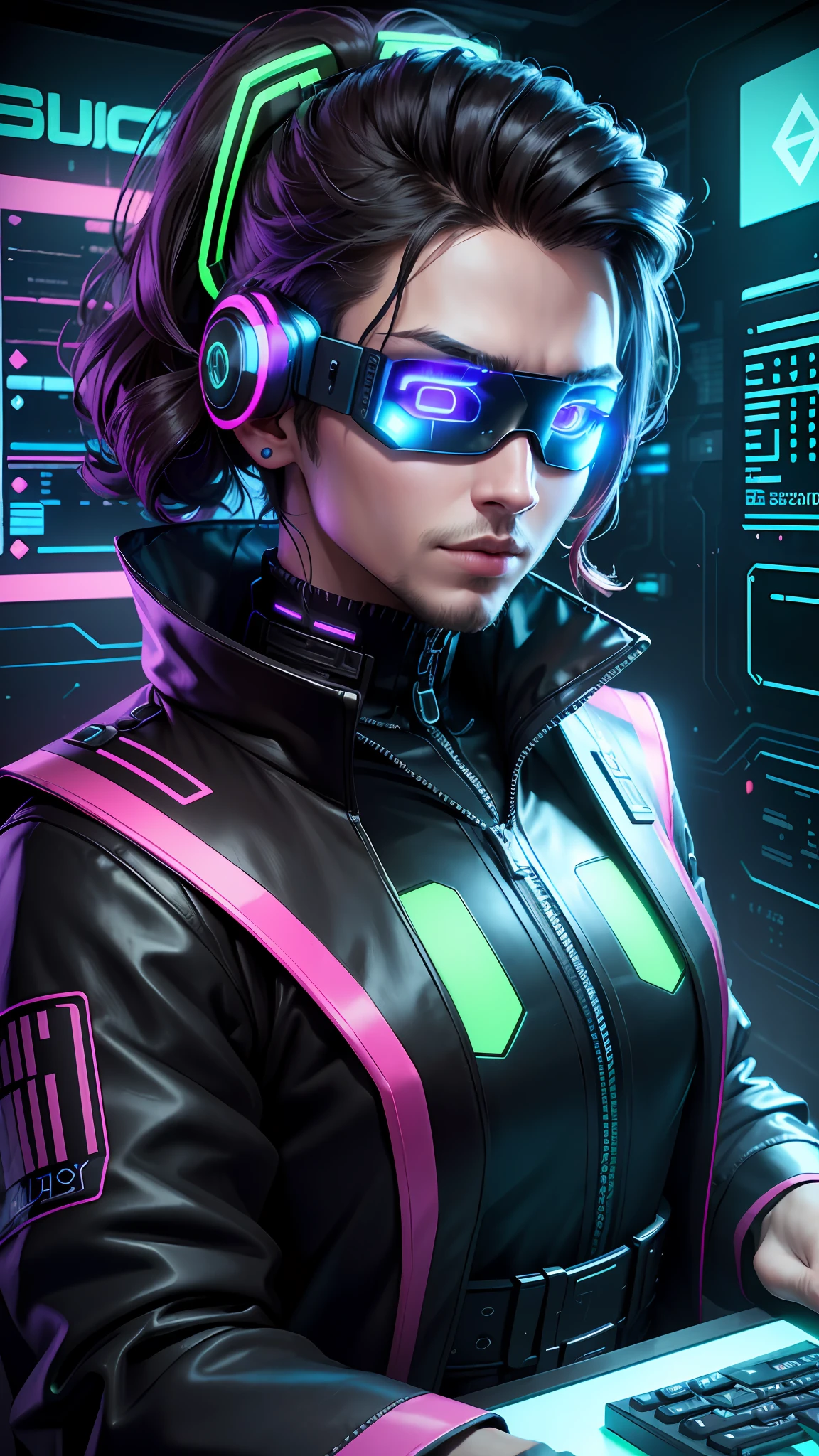 ((Best quality)), ((masterpiece)), (highly detailed: 1.3), 3D, NeonNoir, bearded boy, with blouse Futuristic: 1.3, cyberpunk, (using head-mounted display and hi-tech: 1.2), using a cover, hacking a computer terminal, BLUE NEON MONITOR LIGHT, GREEN NEON SIGNS ON THE WALL,