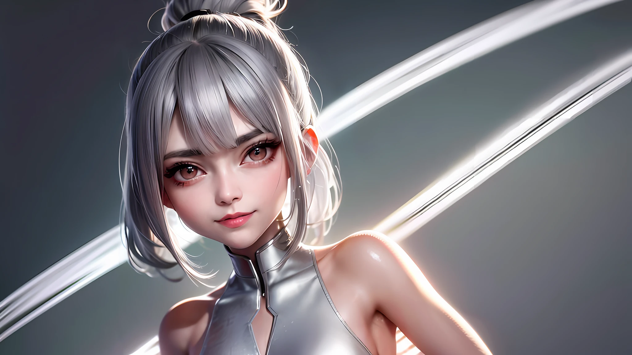 ((grey hair)), high ponytail,,heavy makeup, cute, technological sense,8k, best quality, masterpiece, illustration, an extremely delicate and beautiful, extremely detailed ,CG ,unity ,wallpaper, Amazing, finely detail, masterpiece,best quality,official art, extremely detailed CG unity 8k wallpaper,((smile)),tomboy,((Big eyes)),((perfect eyes)),highly detailed, sharp focus,rich background,loli, looking at viewer, breasts, blurry background, small breasts, bangs, bare shoulders, white dress, dress, realistic, in the cyberpunk city, strong rim light, in summer,