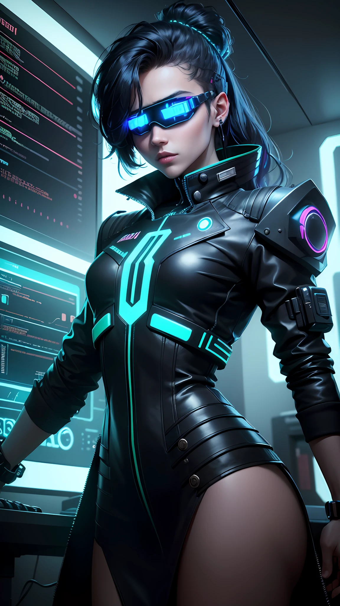 ((Best quality)), ((masterpiece)), (highly detailed: 1.3), 3D, NeonNoir, bearded boy, with blouse Futuristic: 1.3, cyberpunk, (using head-mounted display and hi-tech: 1.2), using a cover, hacking a computer terminal, BLUE NEON MONITOR LIGHT, GREEN NEON SIGNS ON THE WALL,