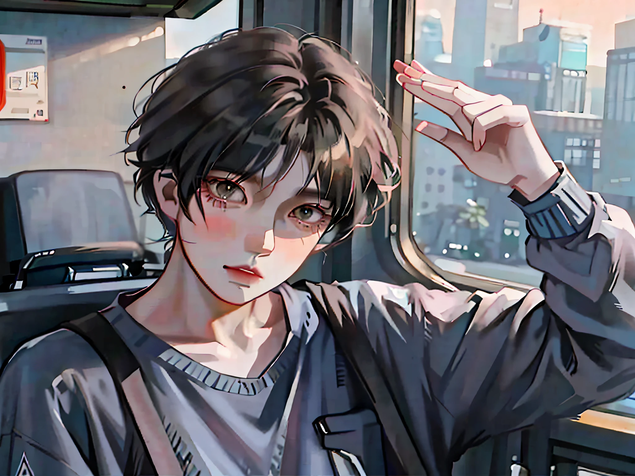 anime boy with black hair and suspenders on a train, artwork in the style of guweiz, lofi portrait, anime realism style, realistic anime 3 d style, lofi artstyle, guweiz, realistic anime artstyle, anime style. 8k, semirealistic anime style, realism artstyle, high quality anime artstyle, realistic artstyle