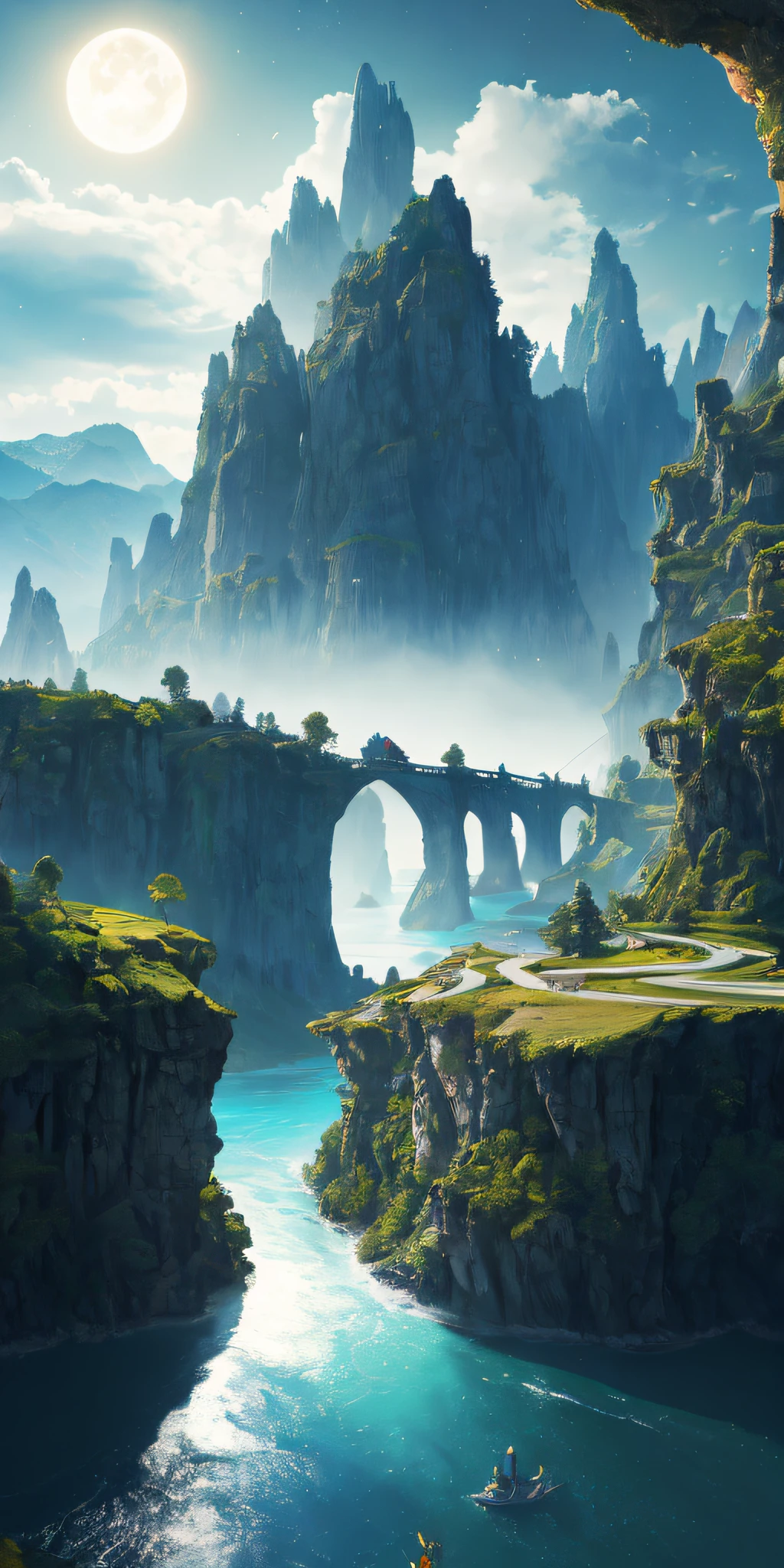 Masterpiece, best quality, high quality, extremely detailed CG unity 8k wallpaper, landscape, outdoor, sky, cloud, sky, no humans, mountain, landscape, water, tree, blue sky, waterfall, cliff, nature, lake, river , cloudy sky, bokeh, depth of field, HDR, bloom, chromatic aberration, photorealism, very detailed, trending on artstation, trending on CGsociety, intricate, high detail, moon, midjourney art