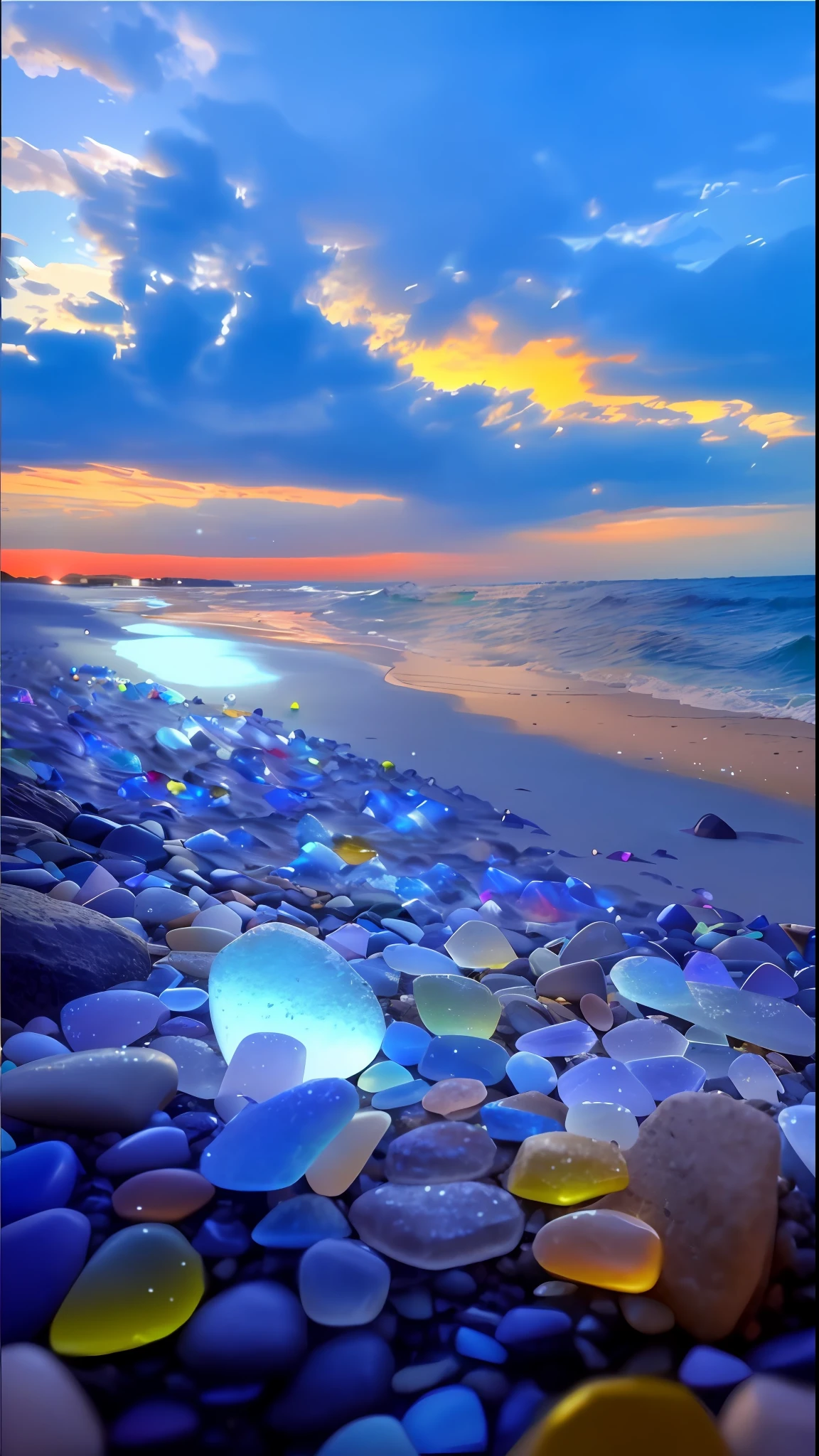 a close up of a beach with a bunch of rocks and a sunset, magical beach, seashore, beautiful beach, seaglass, serene colors, breath-taking beautiful beach, stunning screensaver, beautiful sea landscapes, beautiful iphone wallpaper, breathtaking colors, beach landscape, beautiful image ever created, sunset on the beach, warm beautiful scene, with beautiful colors