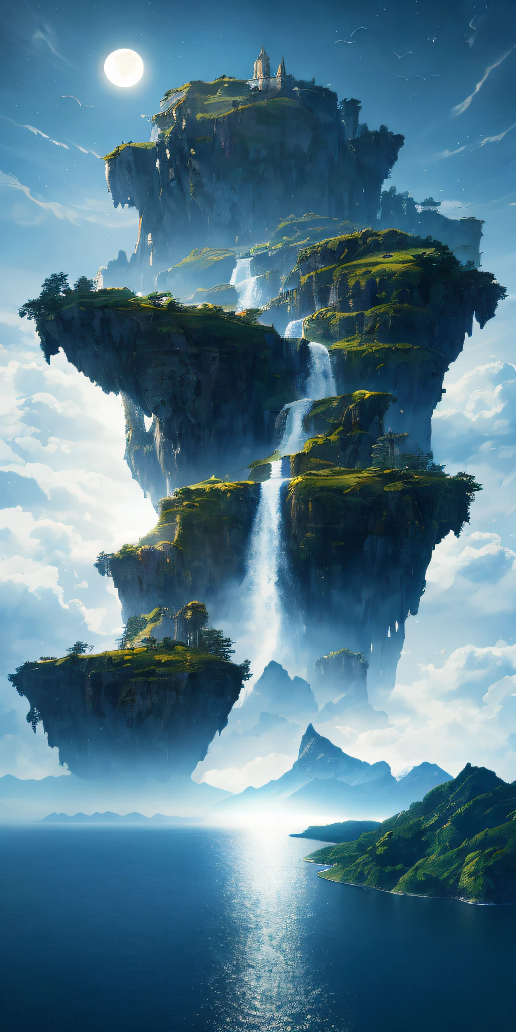 Masterpiece, best quality, high quality, extremely detailed CG unity 8k wallpaper, landscape, outdoor, sky, cloud, sky, no humans, mountain, landscape, water, tree, blue sky, waterfall, cliff, nature, lake, river , cloudy sky, bokeh, depth of field, HDR, bloom, chromatic aberration, photorealism, very detailed, trending on artstation, trending on CGsociety, intricate, high detail, moon, midjourney art
