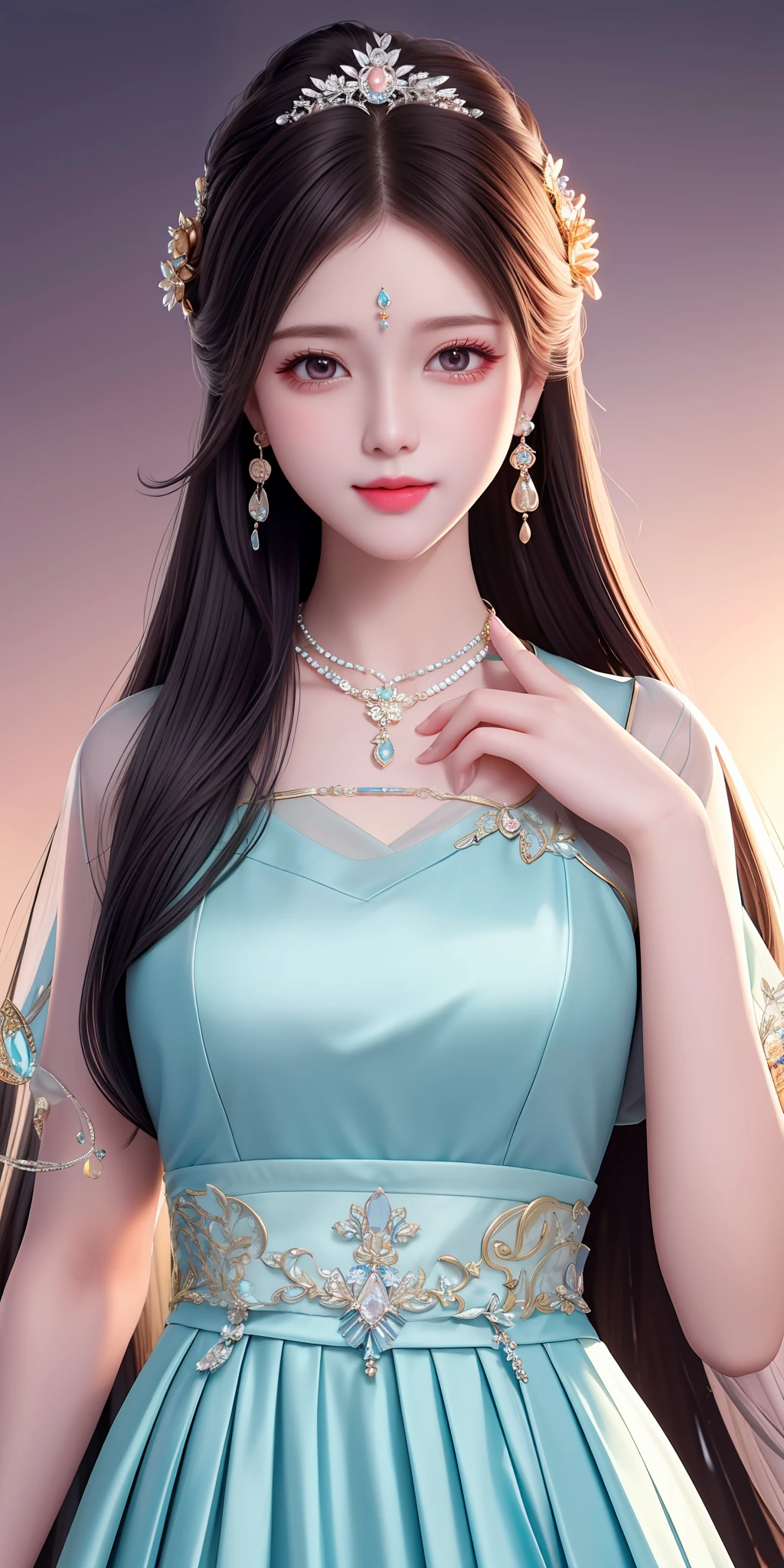 Best Quality, Masterpiece, High Resolution, 1girl, Clear Silk Porcelain Dress, Pretty Face, Hair Accessories, Look at the Audience, Smile, Close Mouth, Lips, Dress, Hair Accessories, Necklaces, Jewelry, Long Hair, Earrings, Beautiful Face, Body, Tindal Effect, Realism, Shadow Studio, Edge Lighting, Two-Color Lighting, (High Detail Skin: 1.2), 8k UHD, DSLR, Soft Light, High Quality, Volume Lighting, Photo, High Resolution 4K, 8k, Blurred Background