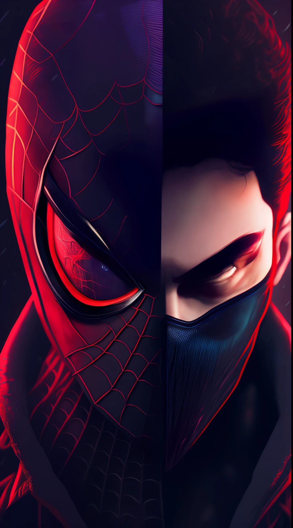 Half Face Spider-Man, Half Face Peter Parker, Cyberpunk, Hood, 8K.