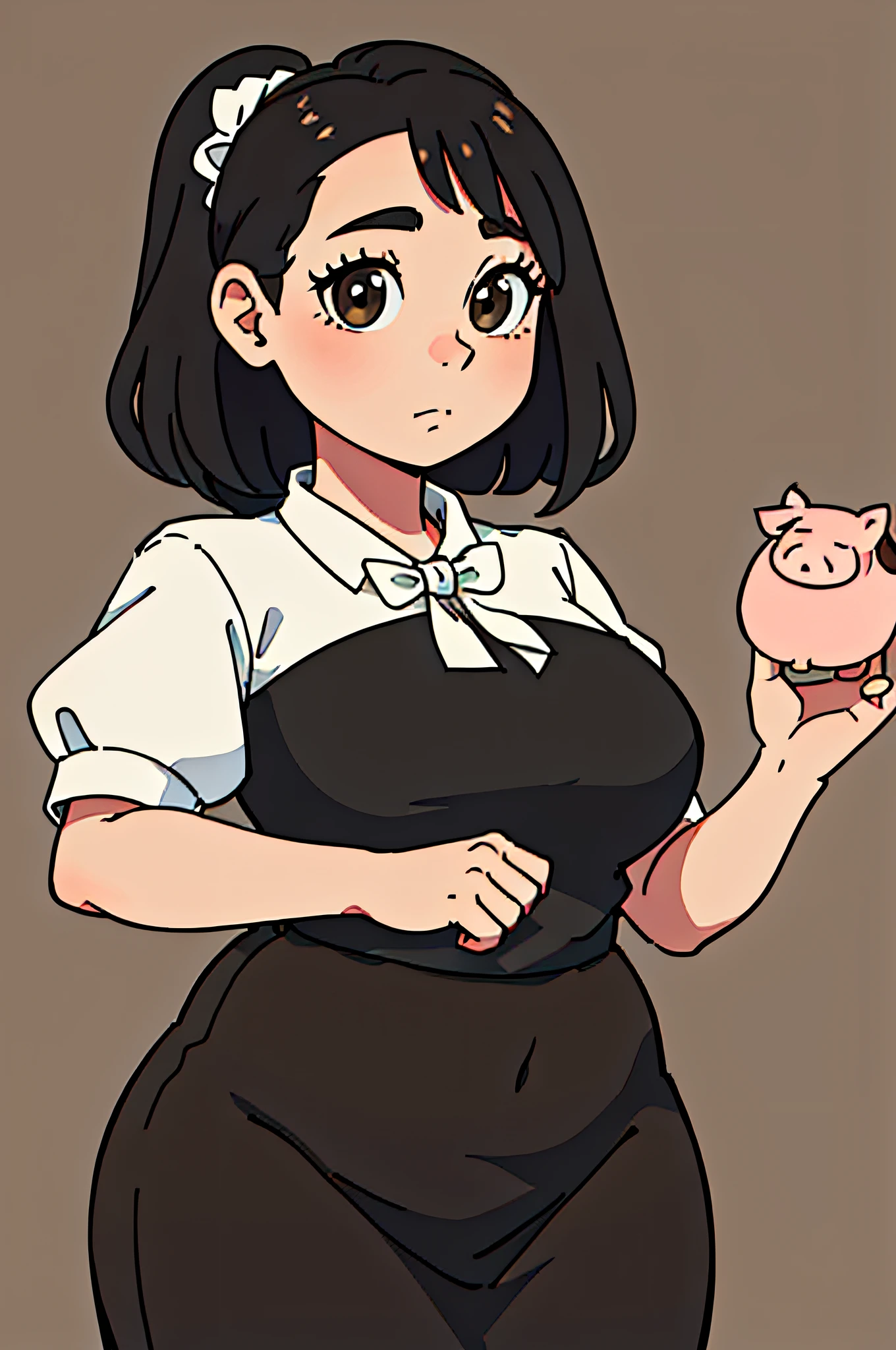 masterpiece, best quality, ultra-detailed, illustration, close-up, straight on, 1girl, black hair, brown eyes, fancy background, upper class, elegant, Sophisticated Piggy Girl, pig, plump, curvaceous