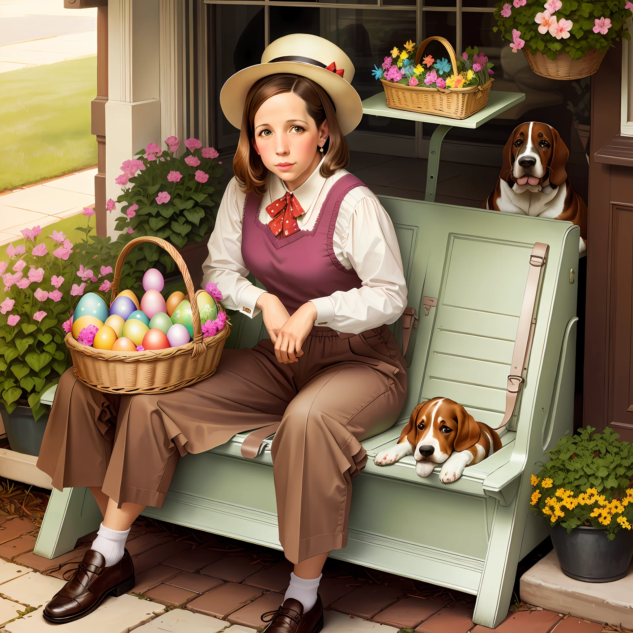 Basset hound in a Easter basket, concept art, in the style of Norman Rockwell
