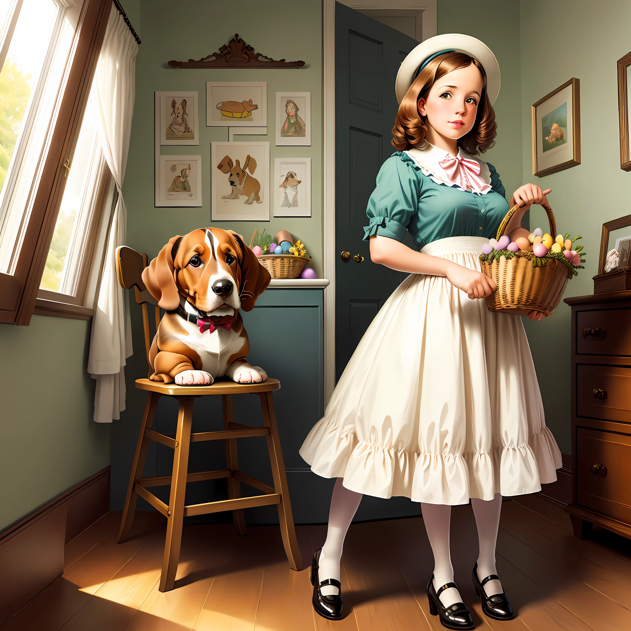 Basset hound in a Easter basket, concept art, in the style of Norman Rockwell