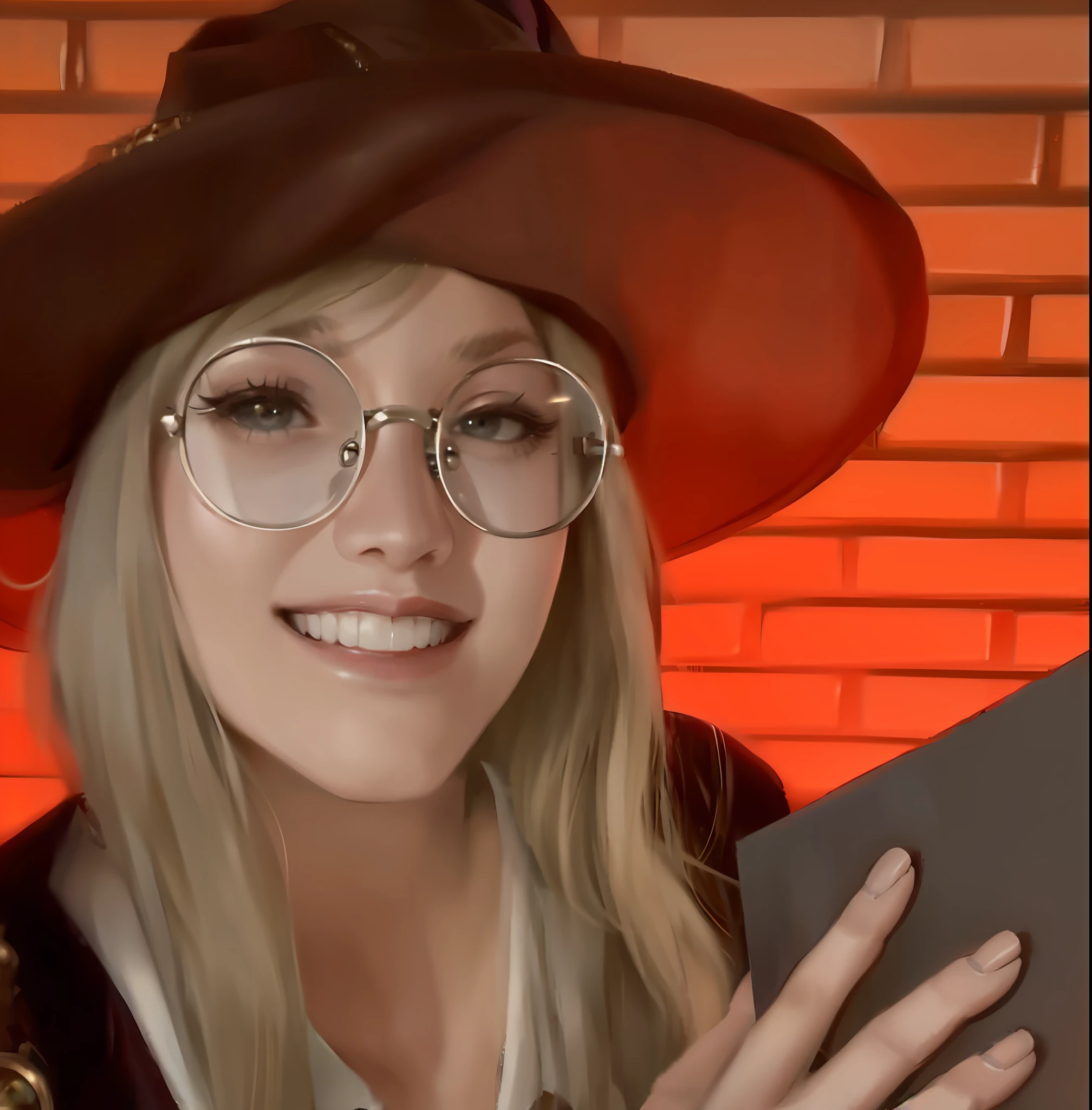 Blonde woman in red hat and glasses holding a book, she wears Harry Potter glasses, Maya Ali as D&D sorceress, holding spell book, dressed as witch, D&D magician, wearing a gray wizard hat.