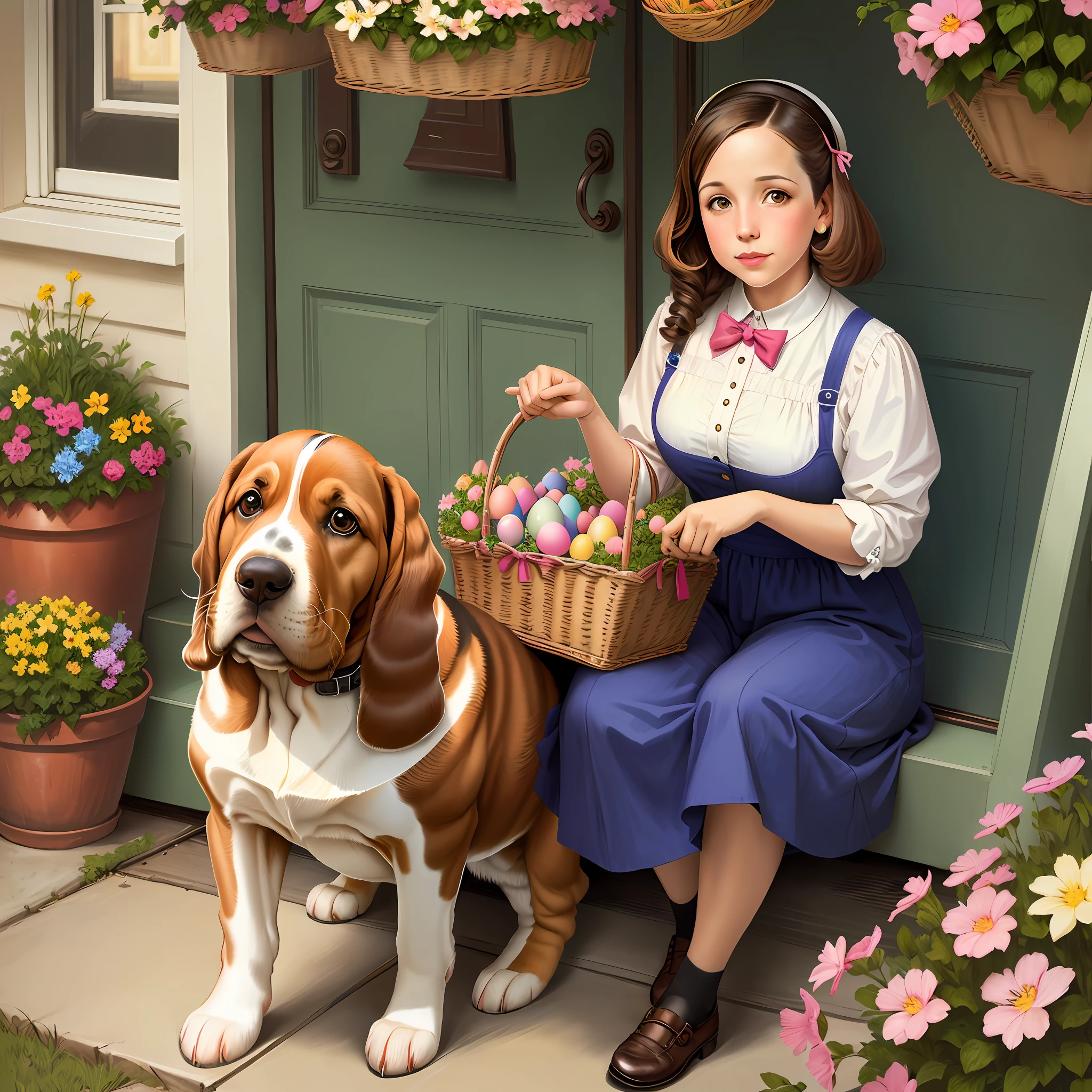 Basset hound in a Easter basket, concept art, in the style of Norman Rockwell