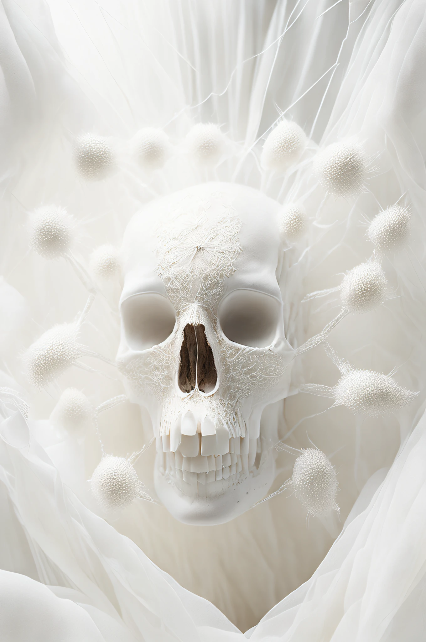 (Epic photography: 1.2), the scene is open, white spider silk woven white hollow hand bones, spider silk dense composition at hand, broken feeling, detailed spider silk details, detailed skull three-dimensional, light sense, 3D, detailed spider silk hollow effect, spider silk texture, the picture is full of mysterious feeling, the background is white clouds, photos are realistic, advanced beauty, advanced white, 8k,