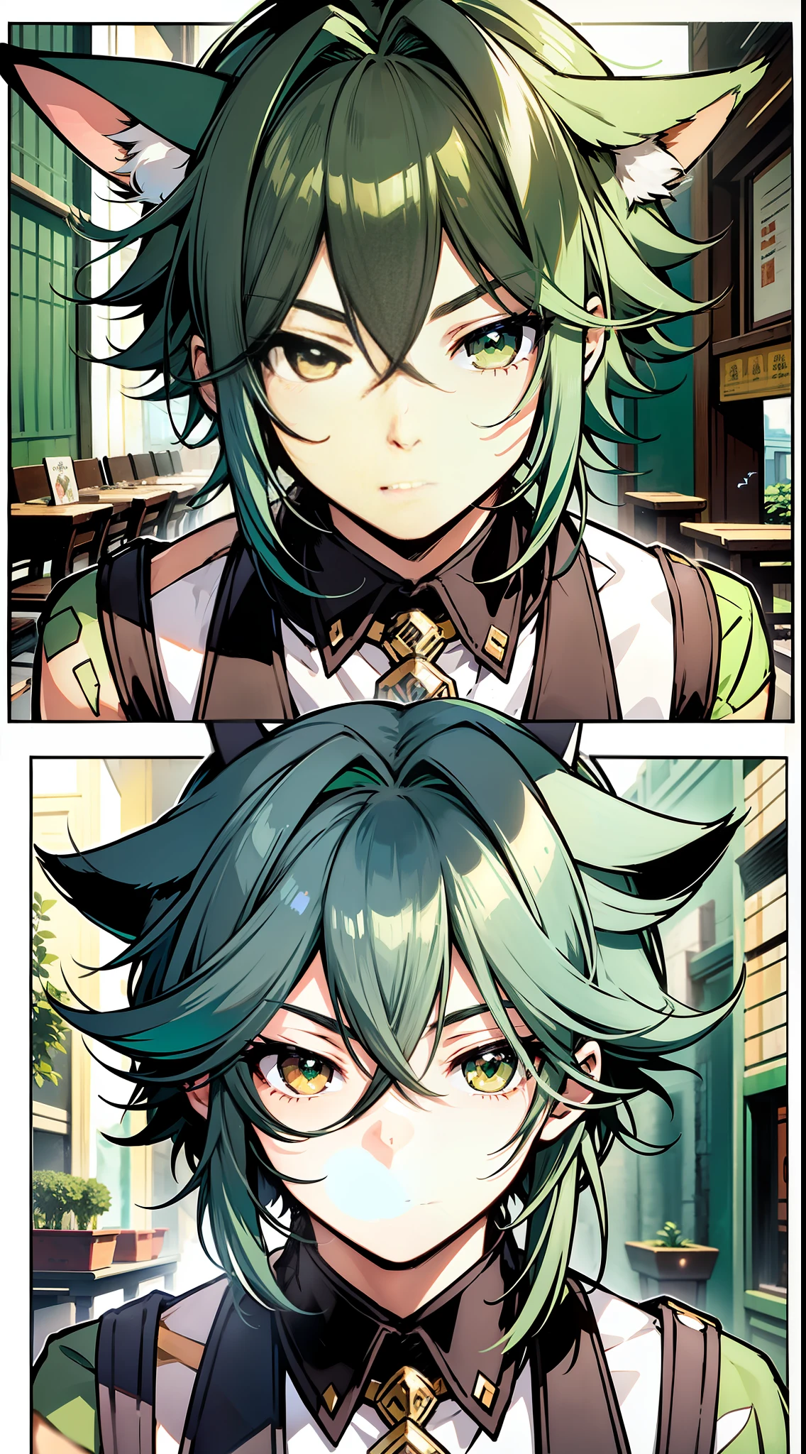 Master works, best picture quality, high detail, delicate facial features, (2 males), {(Shota), shy expression, green hair, middle bangs, rays, (rabbit ears)}, {(adult males), proud expressions, laughter, middle bangs, green hair, fish, (cat ears)}