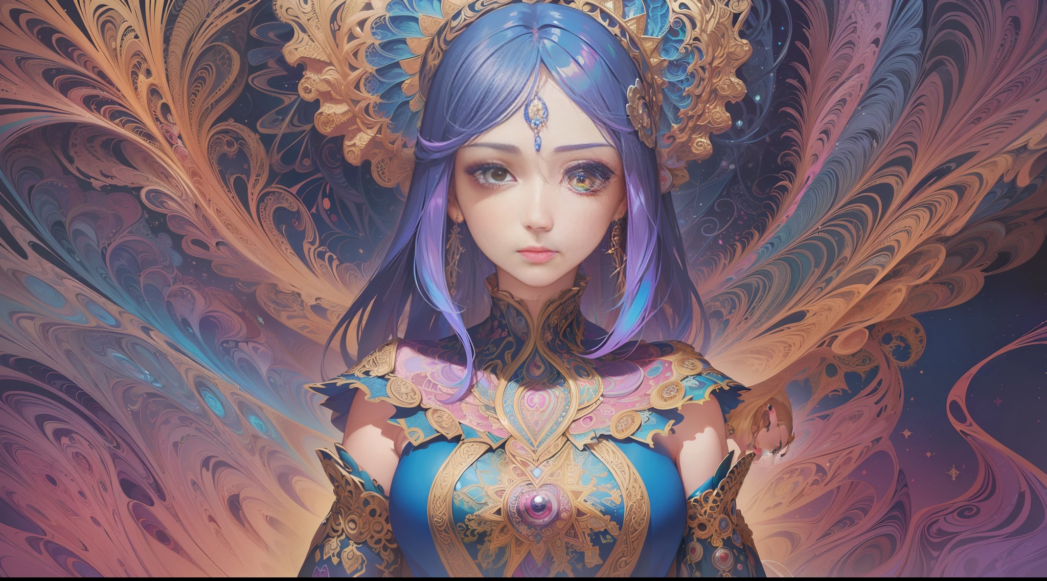 (masterpiece, top quality, best quality, official art, beautiful and aesthetic:1.2), (1girl:1.3), extremely detailed,(fractal art:1.2),colorful,highest detailed,(zentangle:1.2), (dynamic pose), (abstract background:1.5), (treditional dress:1.2), (shiny skin), (many colors:1.4), upper body