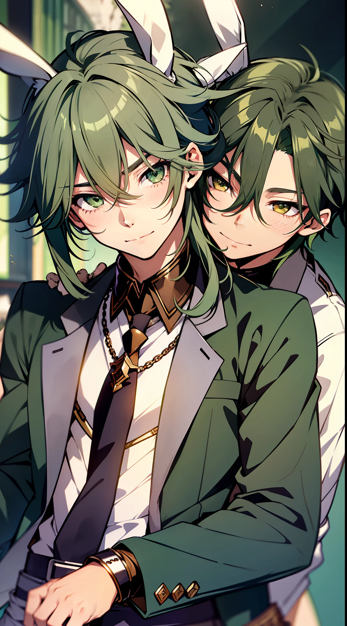Master works, best picture quality, high detail, delicate facial features, (2 males), {(Shota), shy expression, green hair, middle bangs, rays, (rabbit ears)}, {(adult males), proud expressions, laughter, middle bangs, green hair, fish, }