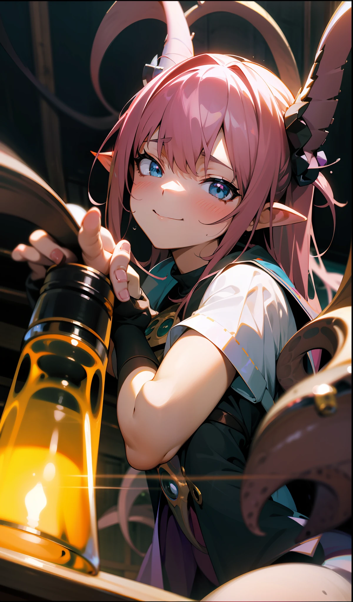 Masterpiece, high resolution, anime style beautiful girl, being in a dirty beaker, immersed in liquid, homunculus, magic circle, small room with phosphorescent flash, perfect beautiful girl, no clothes, luminous from within, staring at the viewer, laughter, blush, 3d rendering, perspective, amazing anime illustrations, impressive lighting, fantastic, dangerous, monstrous, countless tentacles entangled, milking,