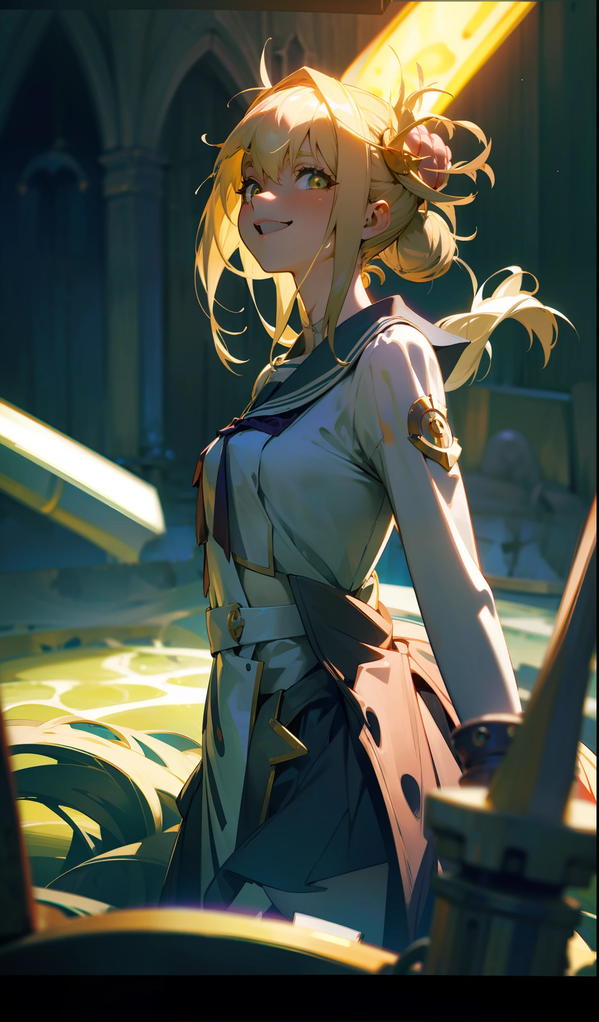 Masterpiece, high resolution, anime style beautiful girl, being in a dirty beaker, immersed in liquid, homunculus, magic circle, small room with phosphorescent flash, perfect beautiful girl, no clothes, luminous from within, staring at the viewer, laughter, 3d rendering, perspective, amazing anime illustration, impressive lighting, fantastic, dangerous, monstrous