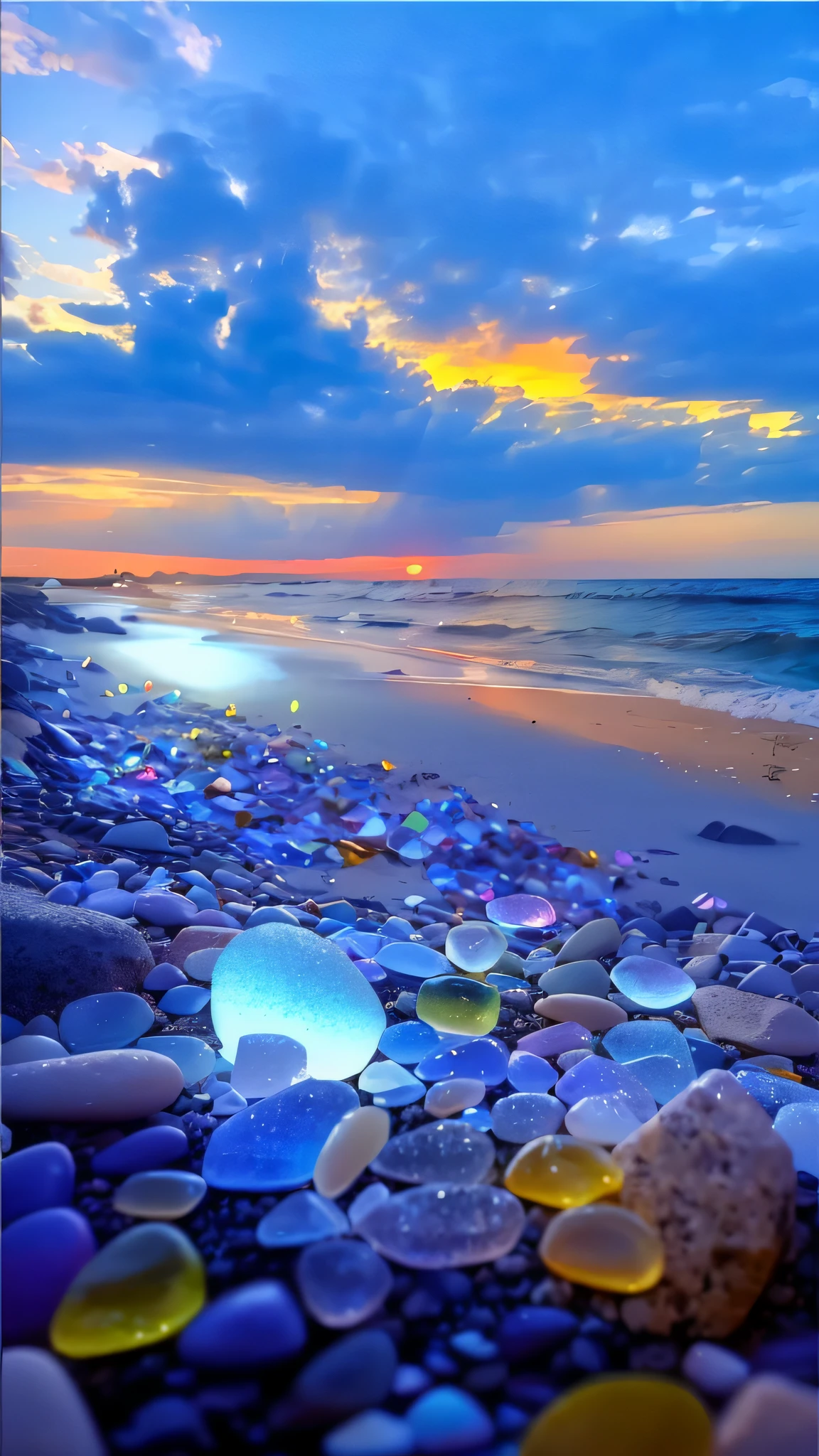 a close up of a beach with a bunch of rocks and a sunset, magical beach, seashore, beautiful beach, seaglass, serene colors, breath-taking beautiful beach, stunning screensaver, beautiful sea landscapes, beautiful iphone wallpaper, breathtaking colors, beach landscape, beautiful image ever created, sunset on the beach, warm beautiful scene, with beautiful colors
