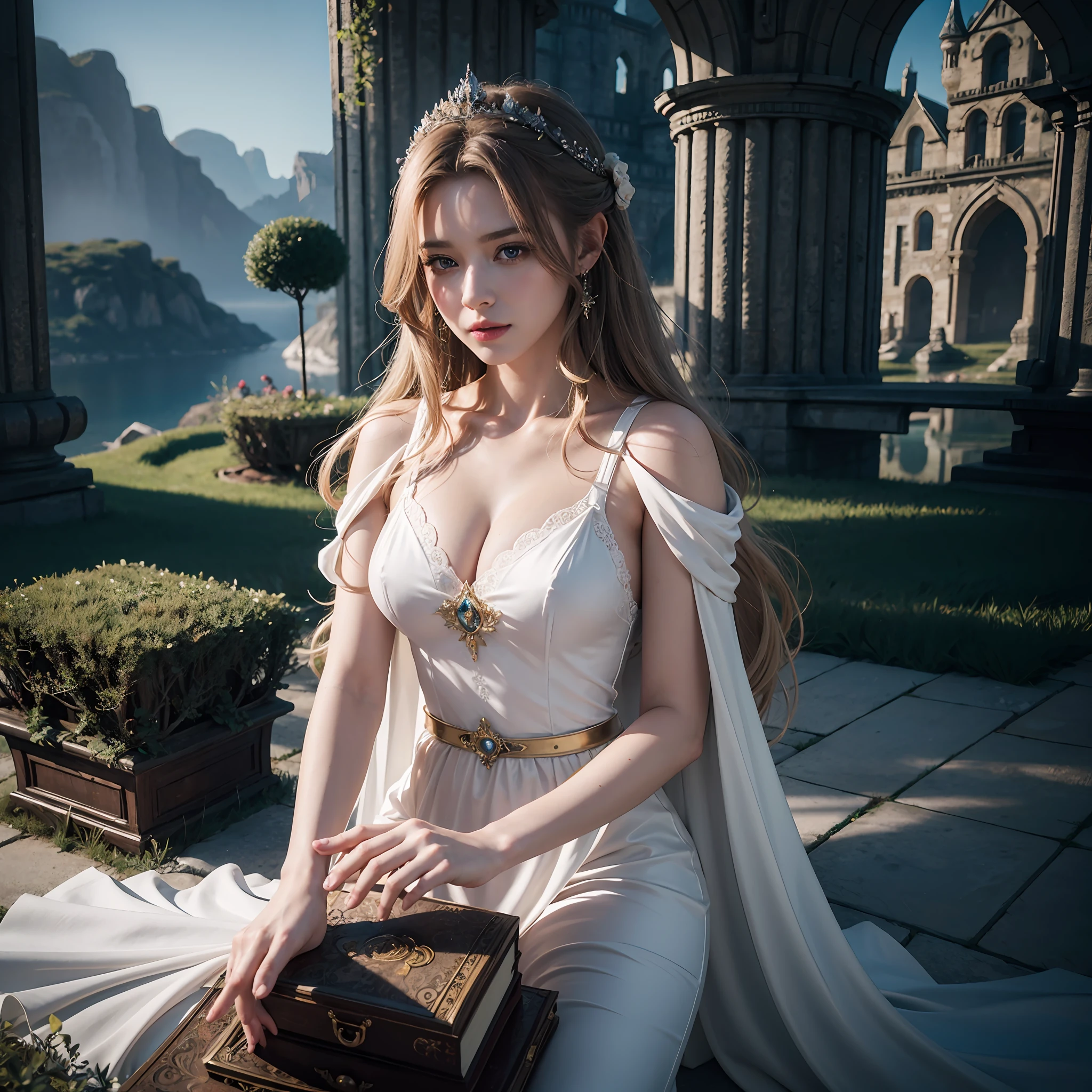 a woman in a white dress standing in front of a castle, elegant cinematic fantasy art, very beautiful fantasy art, beautiful fantasy painting, beautiful fantasy art, unreal engine render + a goddess, beautiful fantasy art portrait, beautiful render of a fairytale, highly detailed fantasy art, 2. 5 d cgi anime fantasy artwork, dramatic fantasy art, digital art fantasy, beautiful fantasy portrait, Canon 4d,8k, Photorealism, octane render, Photorealism, Hyperrealistic