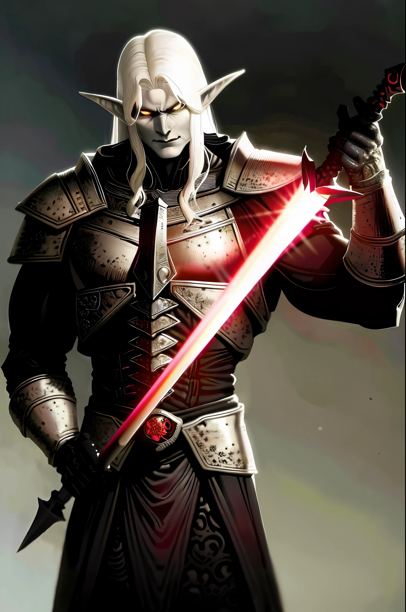 ((Comic book setting, realistic)). Elf man of the drow race, from Dungeons and Dragons, strong physique, wearing black medieval coat, of the barbarian Berserk class, holding a large ruby encrusted sword resting on his shoulder, red and merciless eyes. Imagem mostrando o corpo inteiro, sem armaduras, apenas um casaco negro medieval, calças negras e botas.